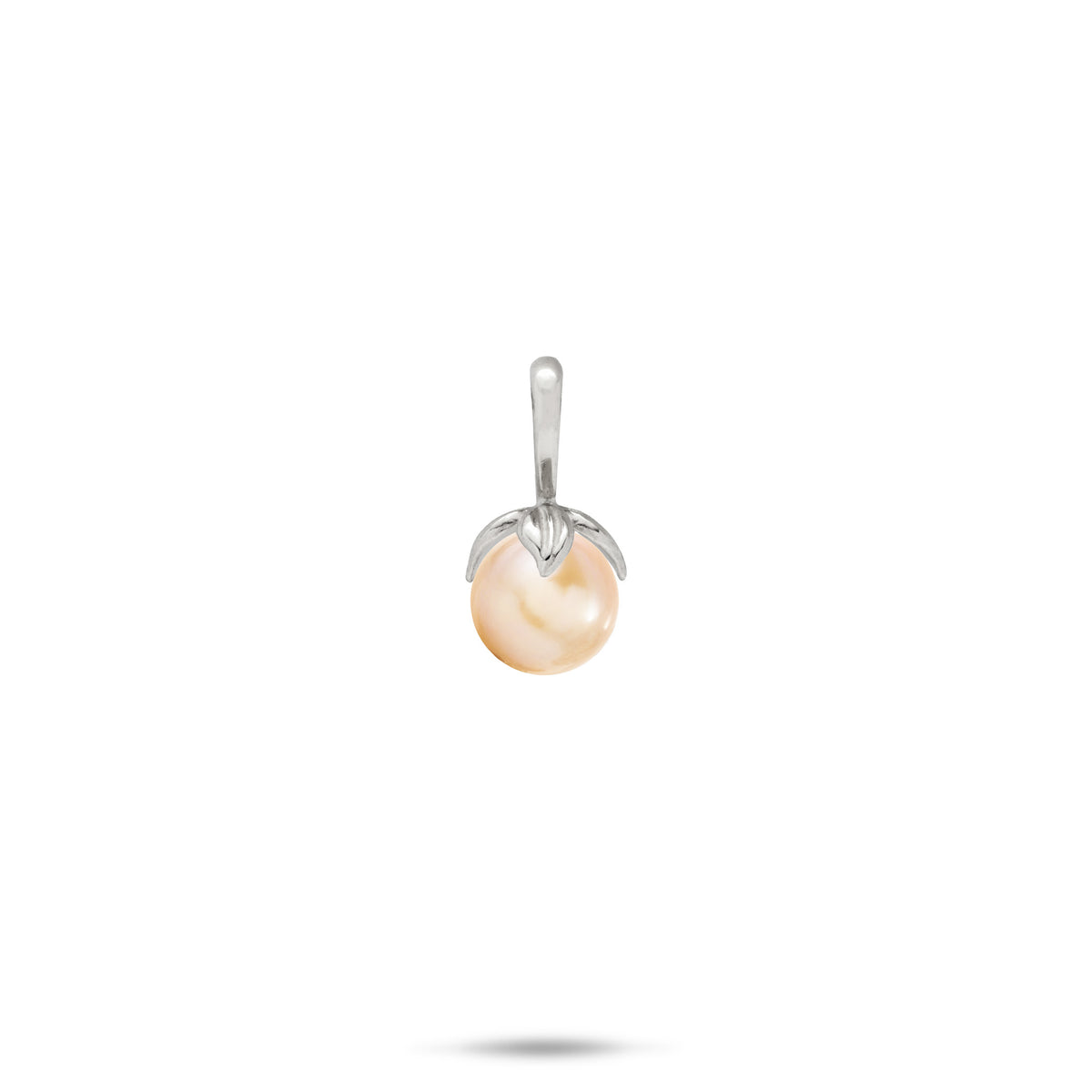 14k White Gold Pendant with a high-polish bail and maile leaves wrapping a peach freshwater pearl on a white background