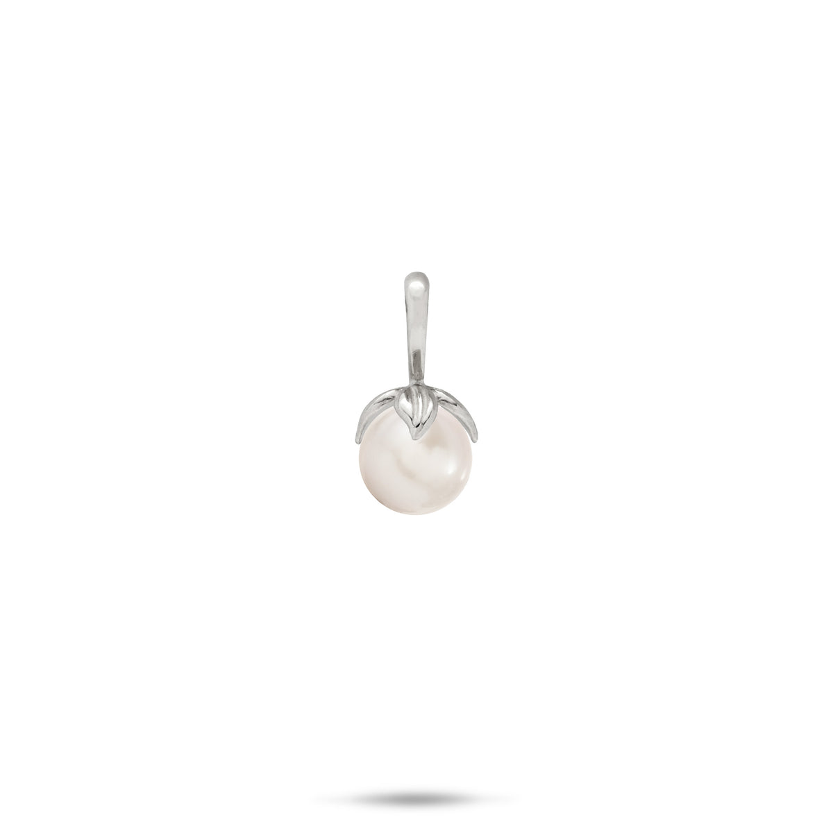 14k White Gold Pendant with a high-polish bail and maile leaves wrapping a white freshwater pearl on a white background