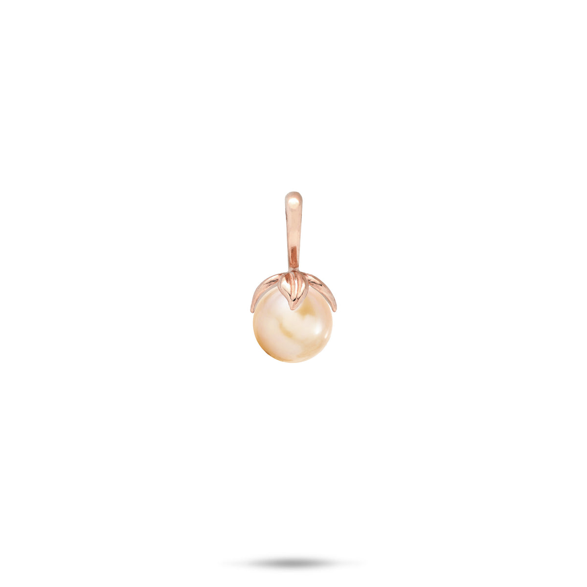 14k White Gold Pendant with a high-polish bail and maile leaves wrapping a peach freshwater pearl on a white background