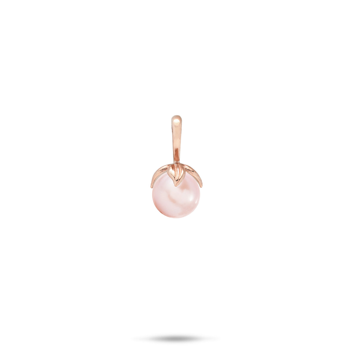 14k White Gold Pendant with a high-polish bail and maile leaves wrapping a pink freshwater pearl on a white background
