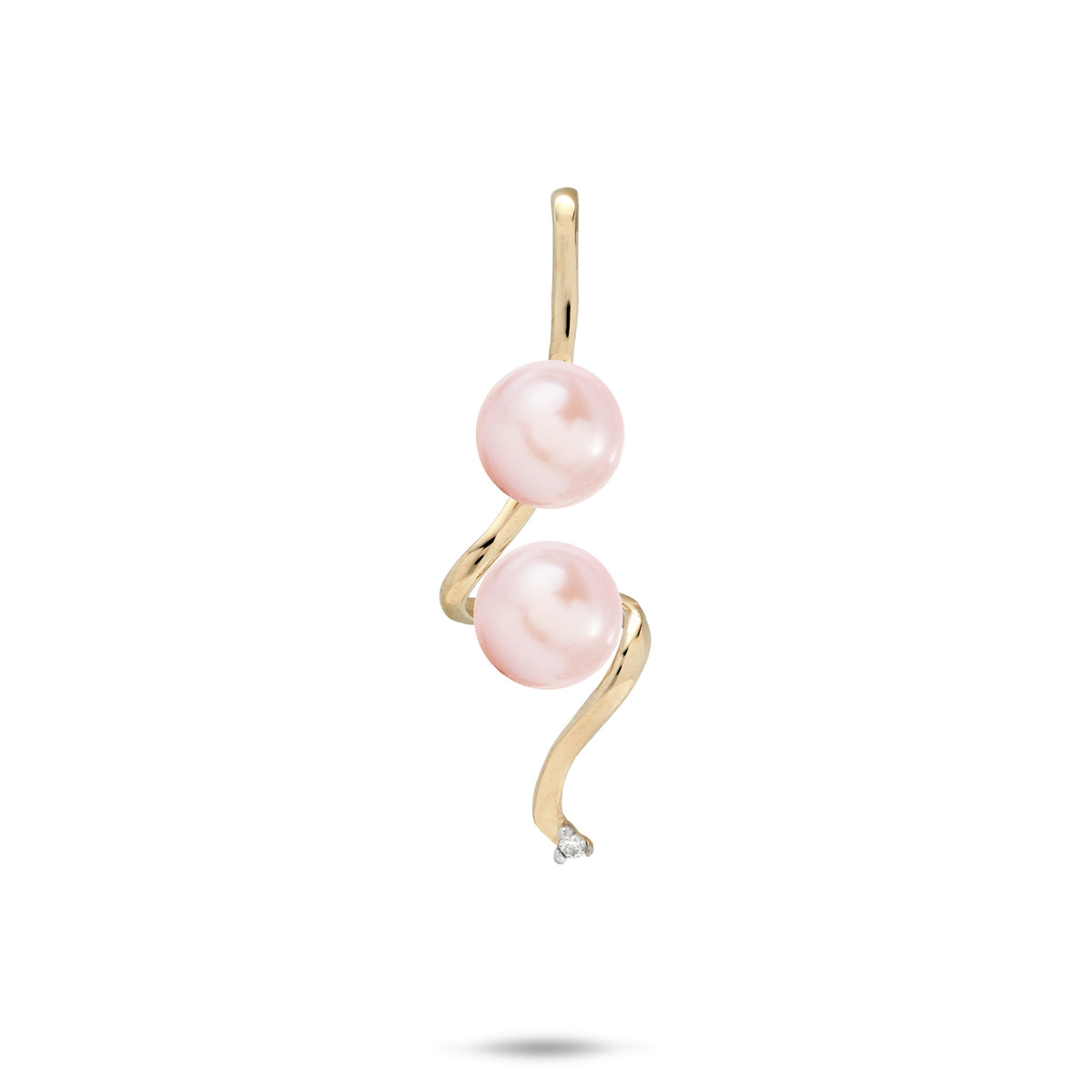 Pick A Pearl Swirling Waterfall Pendant in high-polish 14k Yellow Gold with Diamond and Two Pink Pearls on a white background