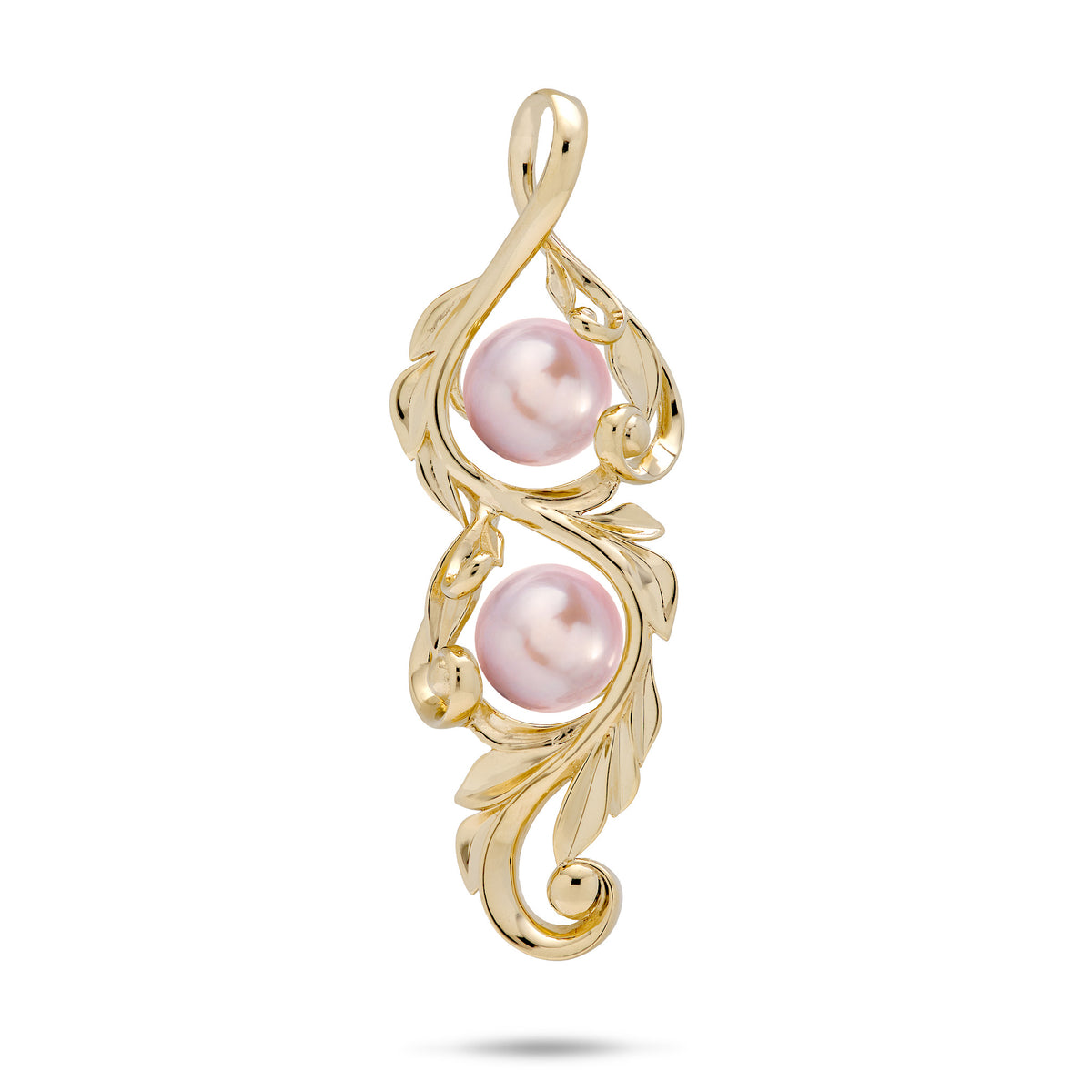 41mm Pick A Pearl Maile Scroll Pendant in 14k yellow Gold with Double Lavender Pearls on a white background