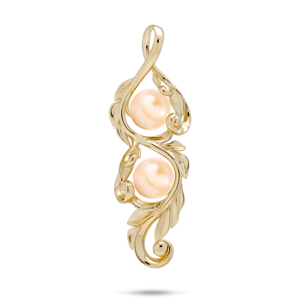 41mm Pick A Pearl Maile Scroll Pendant in 14k yellow Gold with Double Peach Pearls on a white background