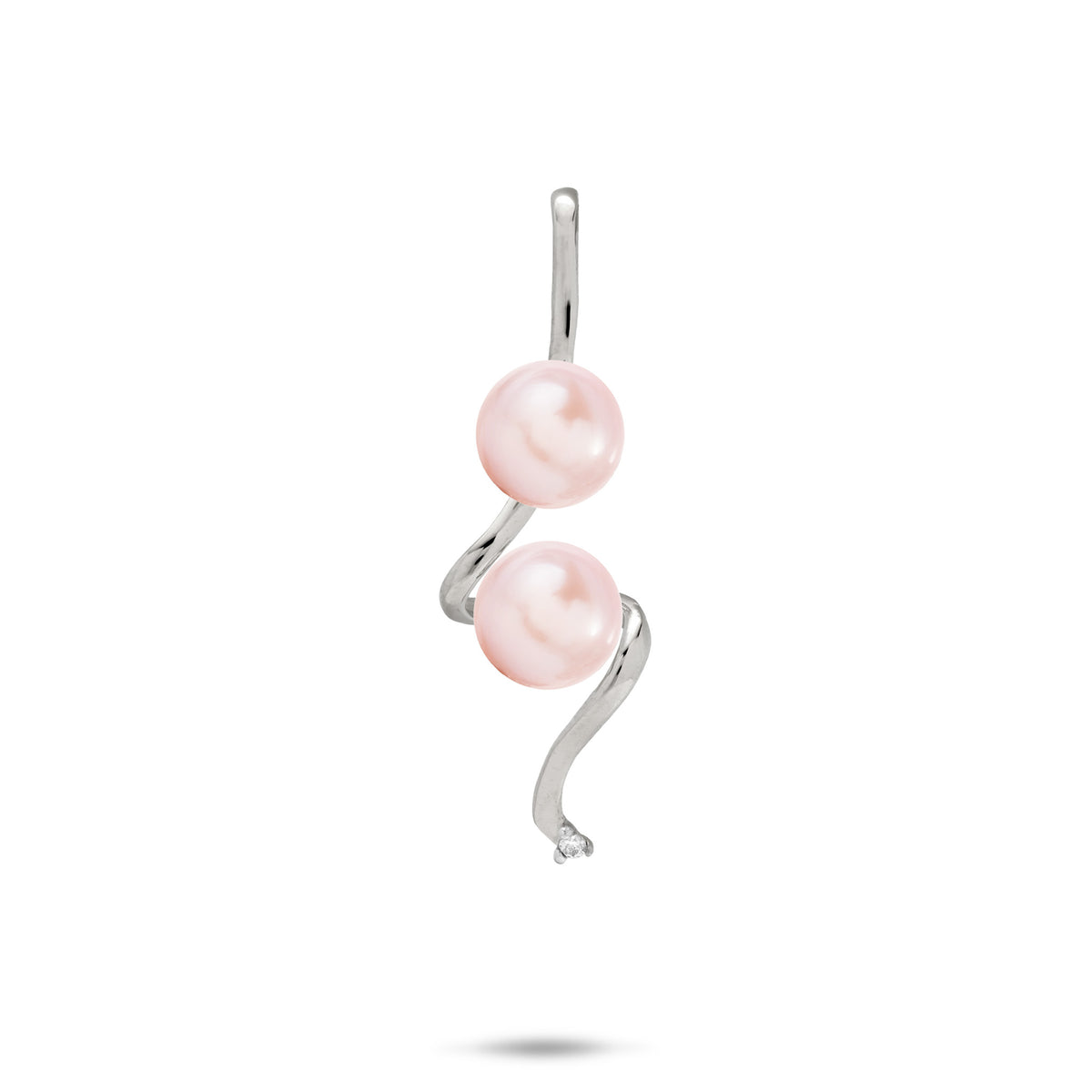 Pick A Pearl Swirling Waterfall Pendant in high-polish 14k White Gold with Diamond and Two Lavender Pearls on a white background
