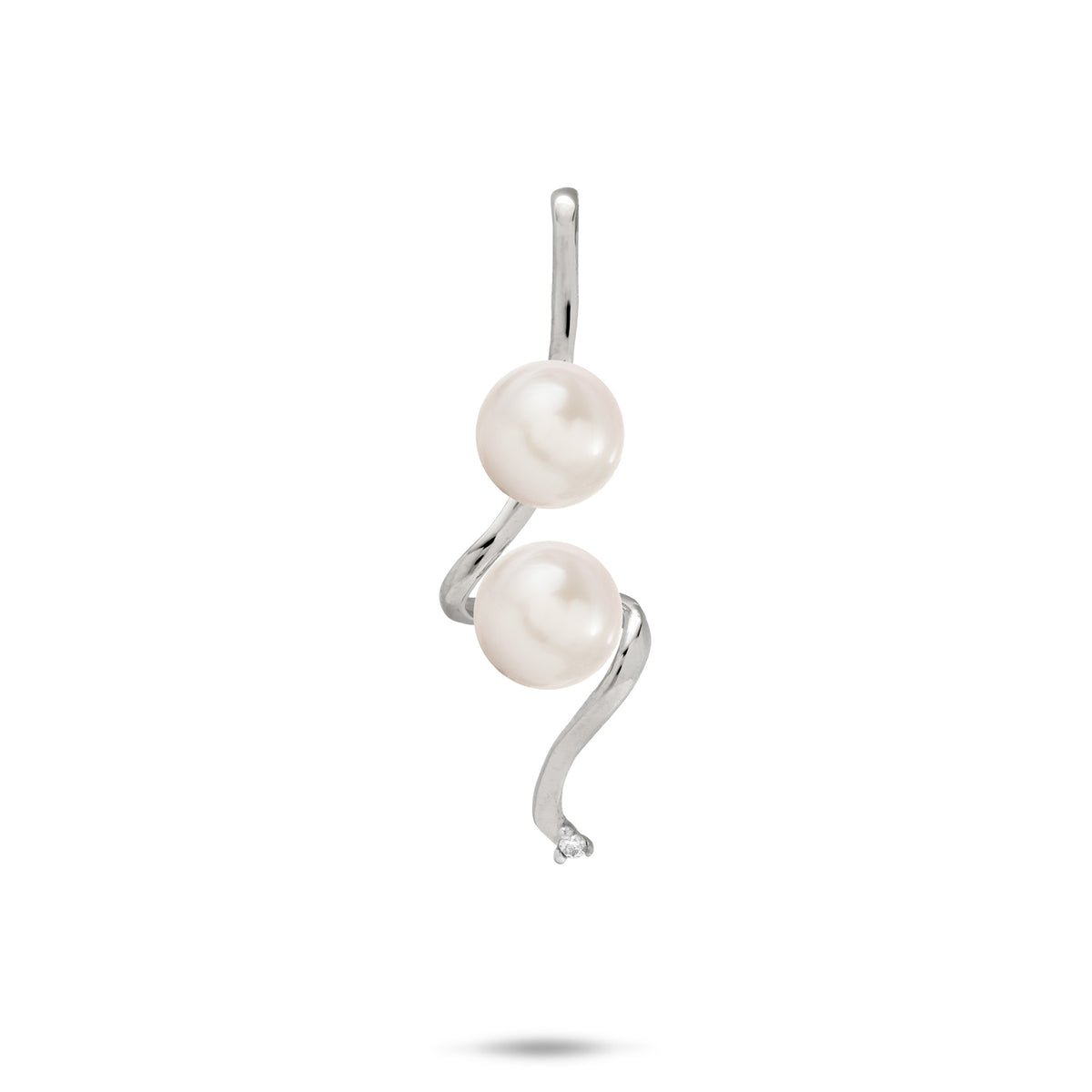 Pick A Pearl Swirling Waterfall Pendant in high-polish 14k White Gold with Diamond and Two White Pearls on a white background