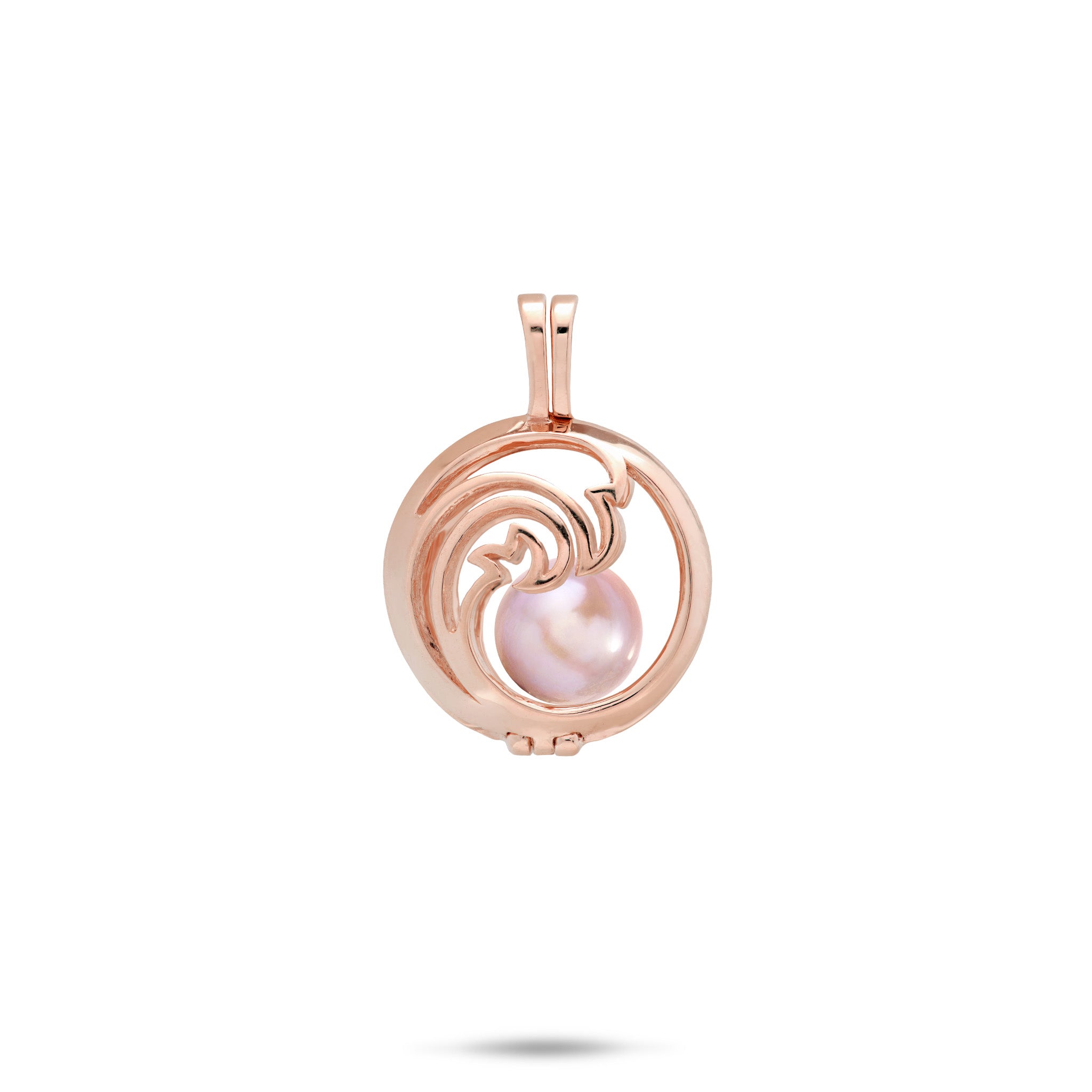 Pick A Pearl Nalu Cage Pendant in 14k Rose Gold with a Lavender Freshwater Pearl on a white background