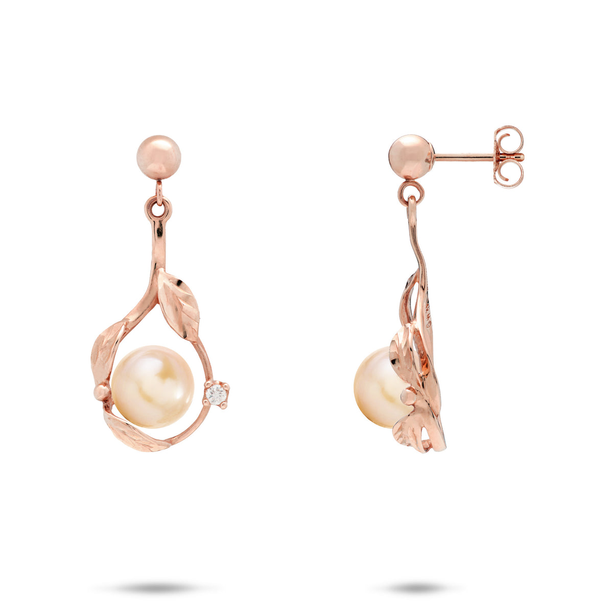 Diamond-cut Maile Leaf Teardrop Ball Post Earrings in 14k Rose Gold with Diamond Accents and Peach Freshwater Pearls on a white background