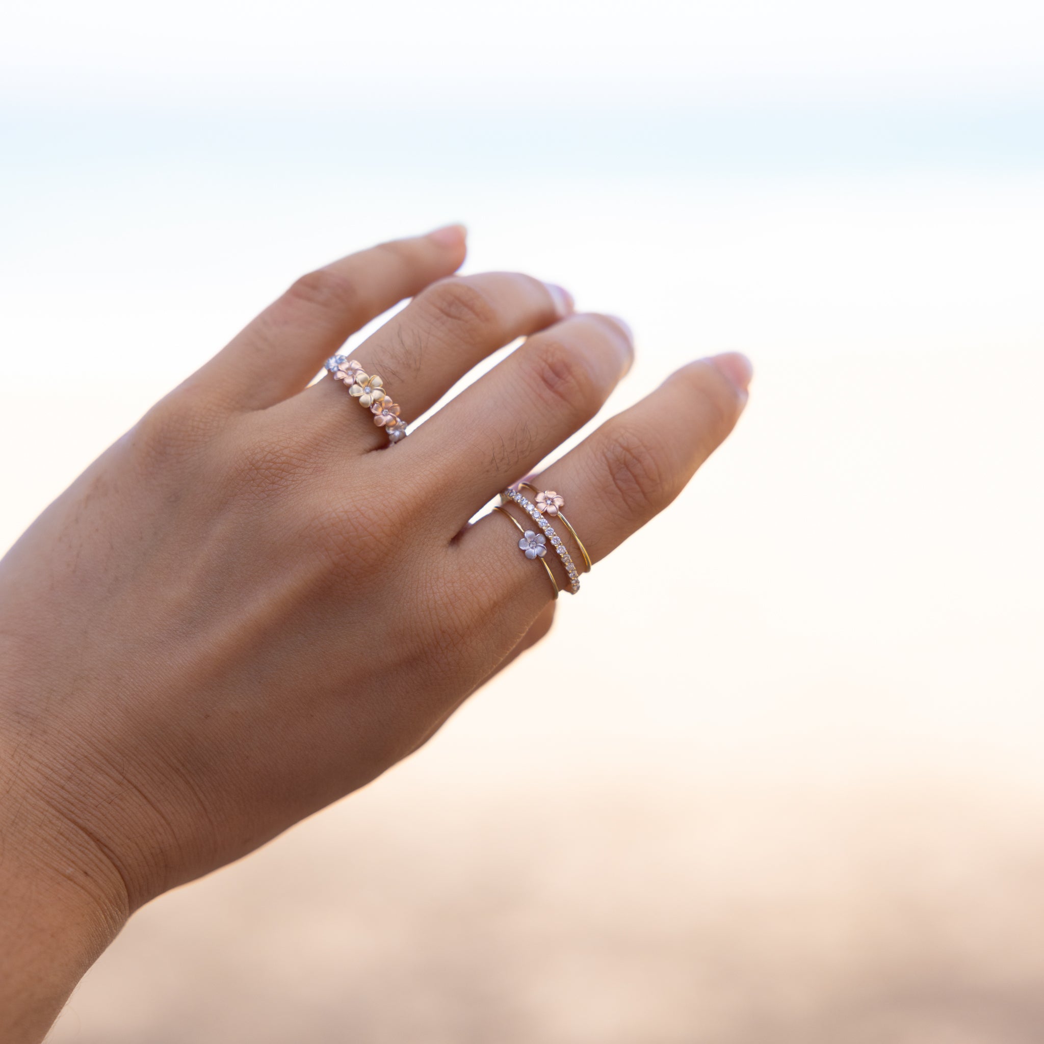 Plumeria Ring in Tri Color Gold with Diamonds - 6mm