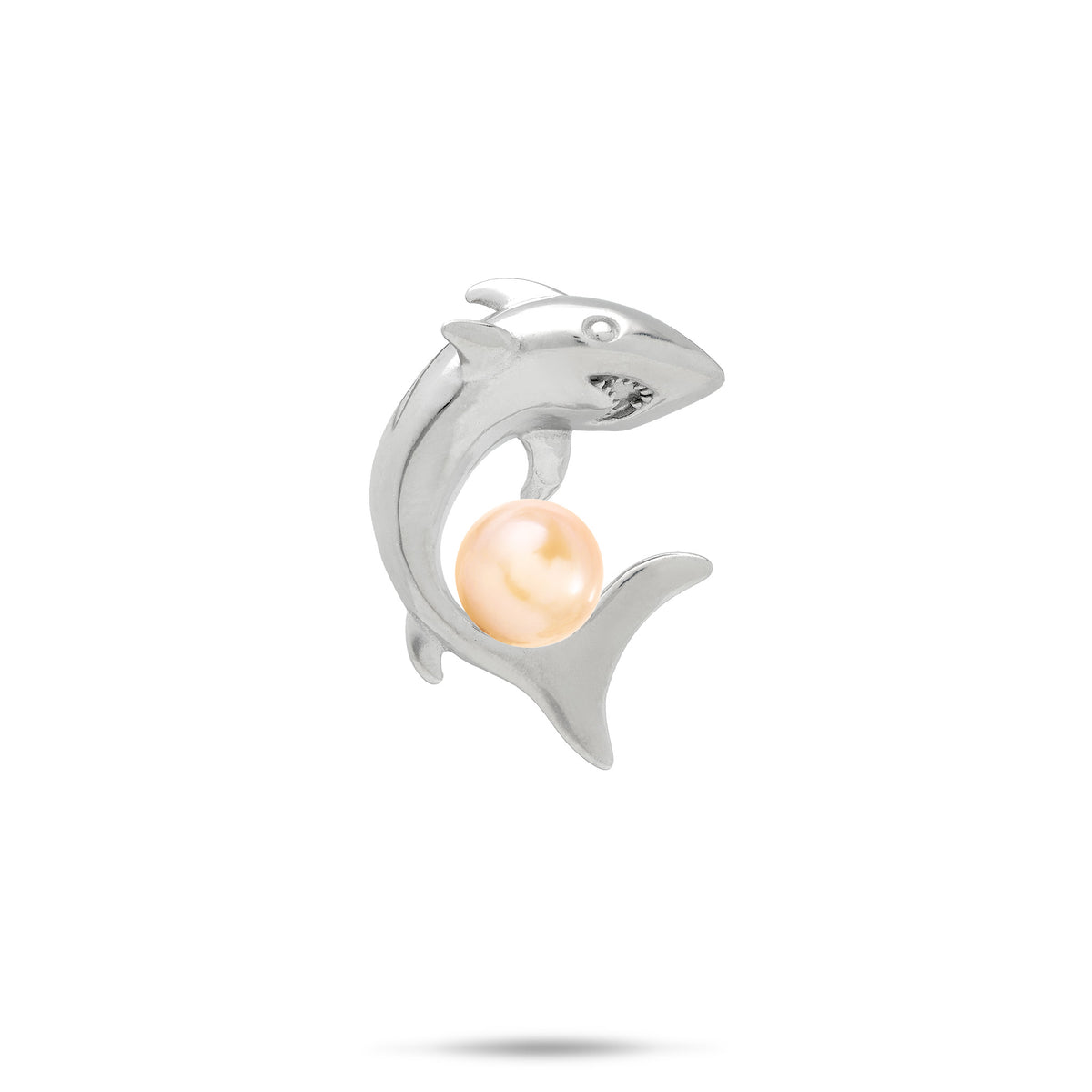 23mm Pick A Pearl Shark Pendant in Sterling Silver with a Peach Freshwater Pearl, placed on a white background