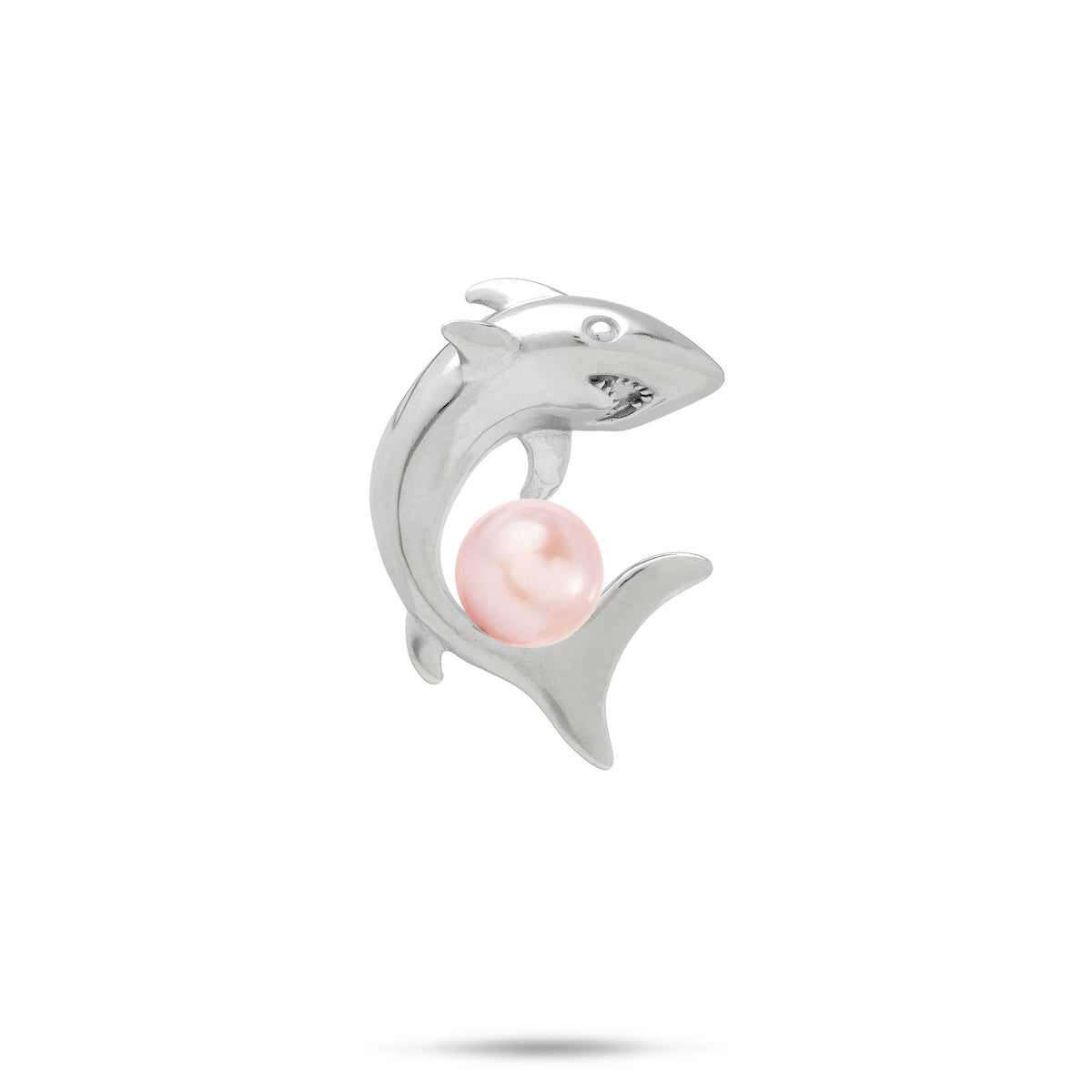 23mm Pick A Pearl Shark Pendant in Sterling Silver with a Pink Freshwater Pearl, placed on a white background