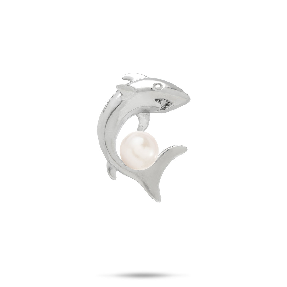 23mm Pick A Pearl Shark Pendant in Sterling Silver with a White Freshwater Pearl, placed on a white background