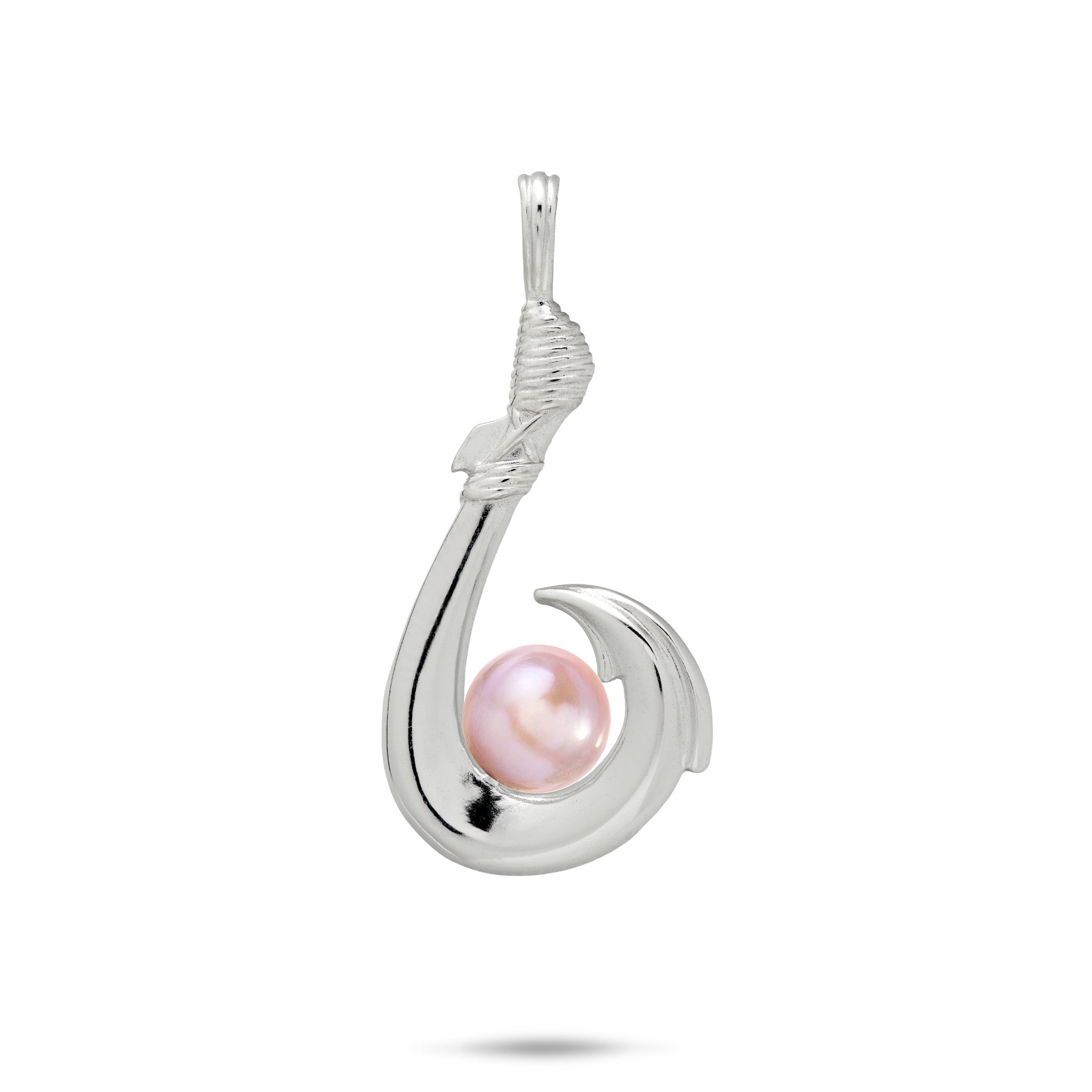 27mm Pick A Pearl Fish Hook Pendant in Sterling Silver with a Lavender Pearl on a white background