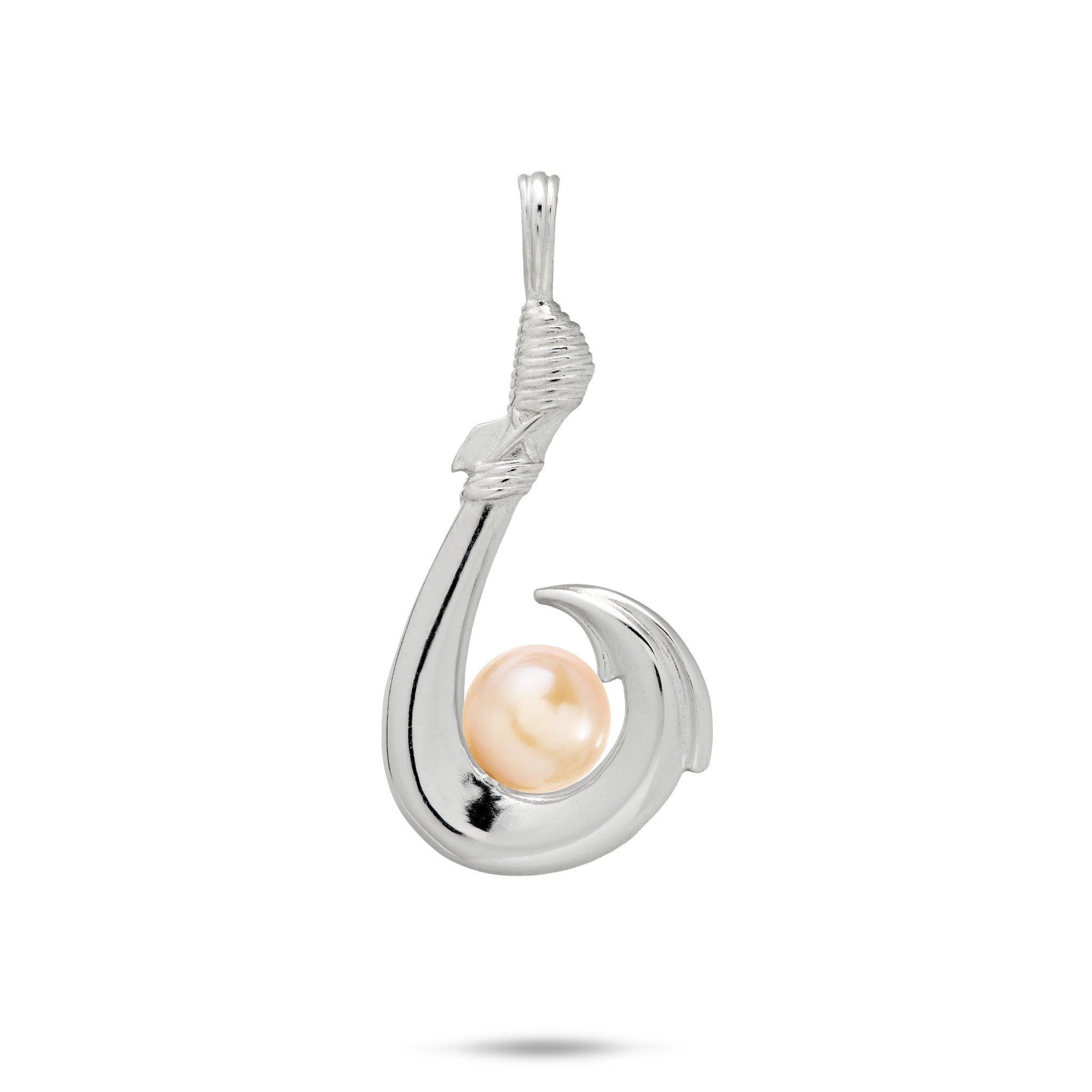 27mm Pick A Pearl Fish Hook Pendant in Sterling Silver with a Peach Pearl on a white background