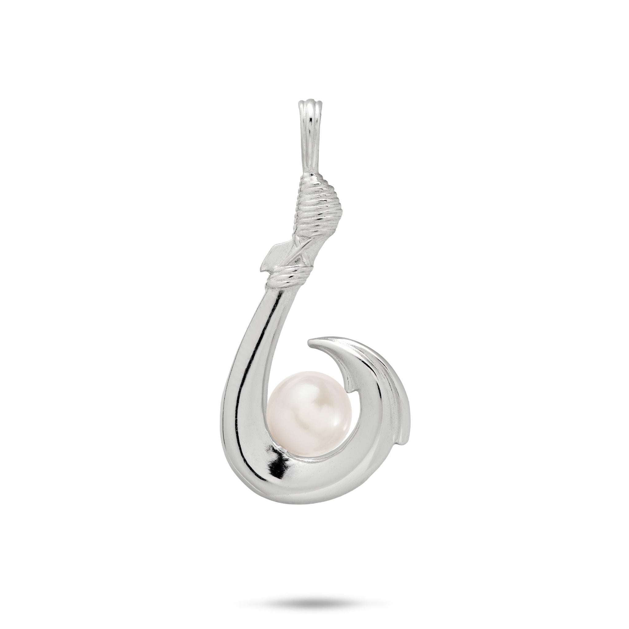 27mm Pick A Pearl Fish Hook Pendant in Sterling Silver with a White Pearl on a white background