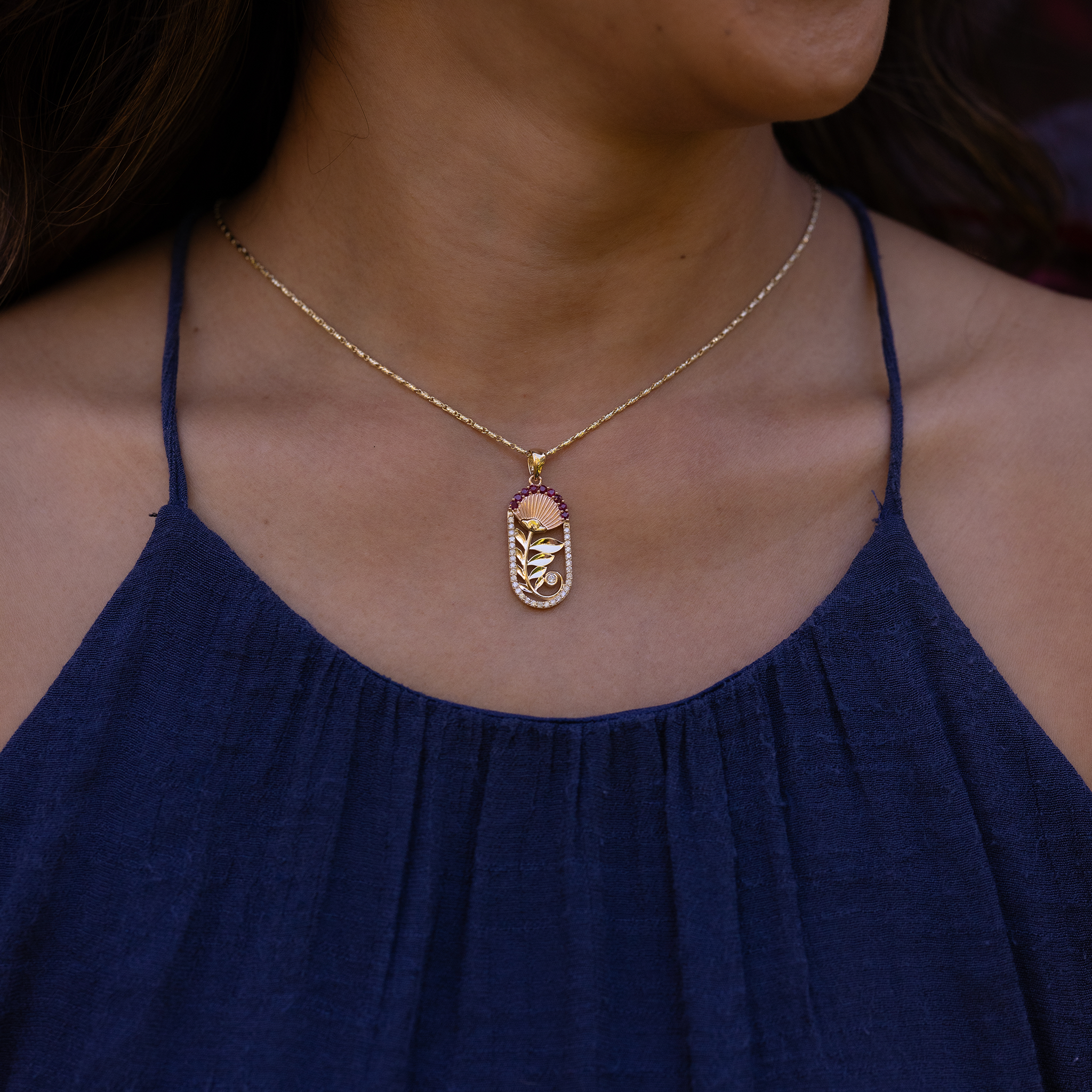 ʻŌhiʻa Lehua Ruby Pendant in Two Tone Gold with Diamonds - 27.5mm