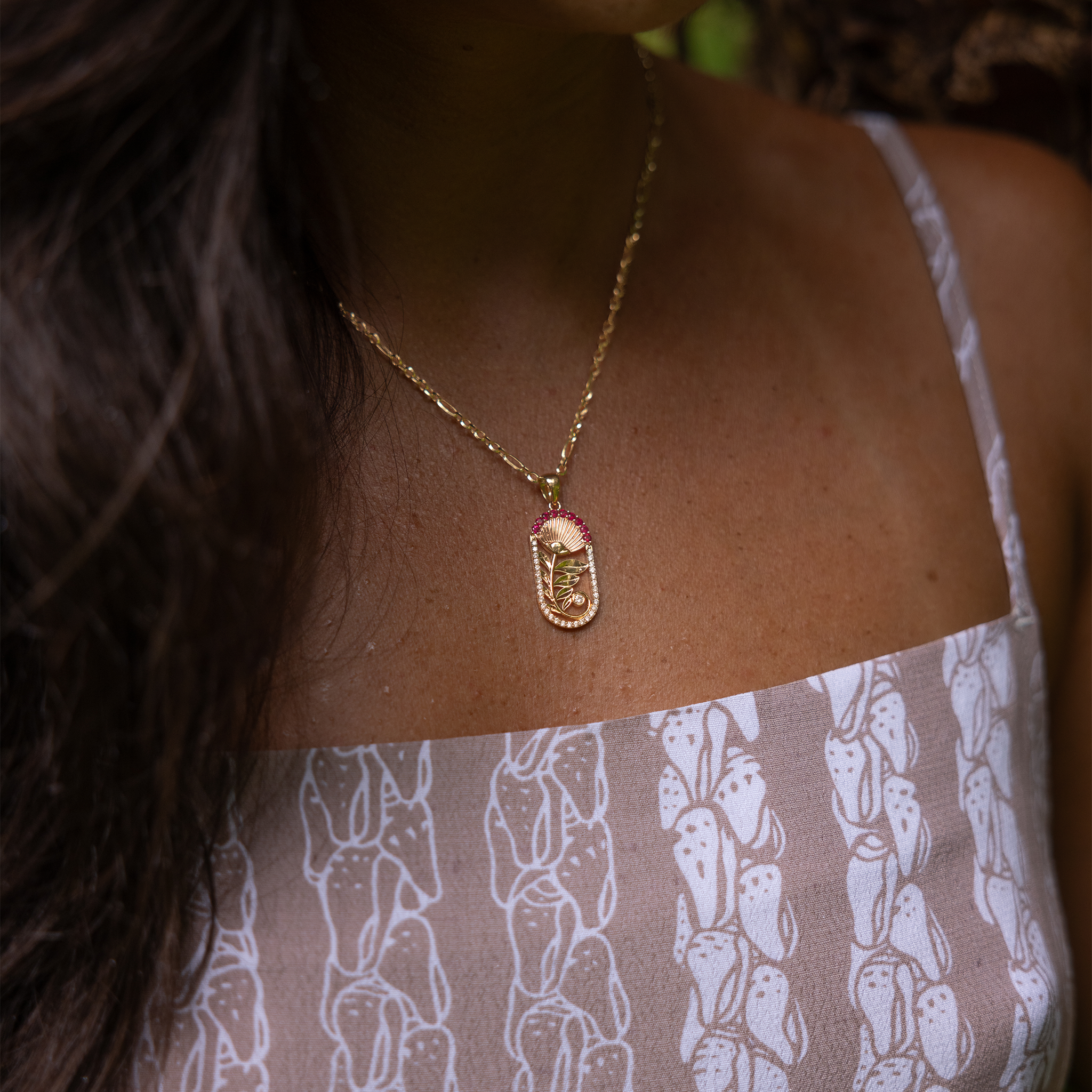 ʻŌhiʻa Lehua Ruby Pendant in Two Tone Gold with Diamonds - 27.5mm