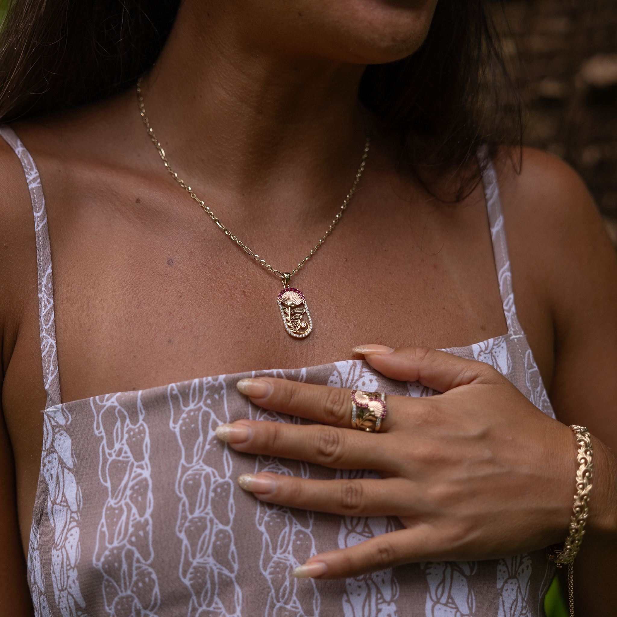 ʻŌhiʻa Lehua Ruby Pendant in Two Tone Gold with Diamonds - 27.5mm