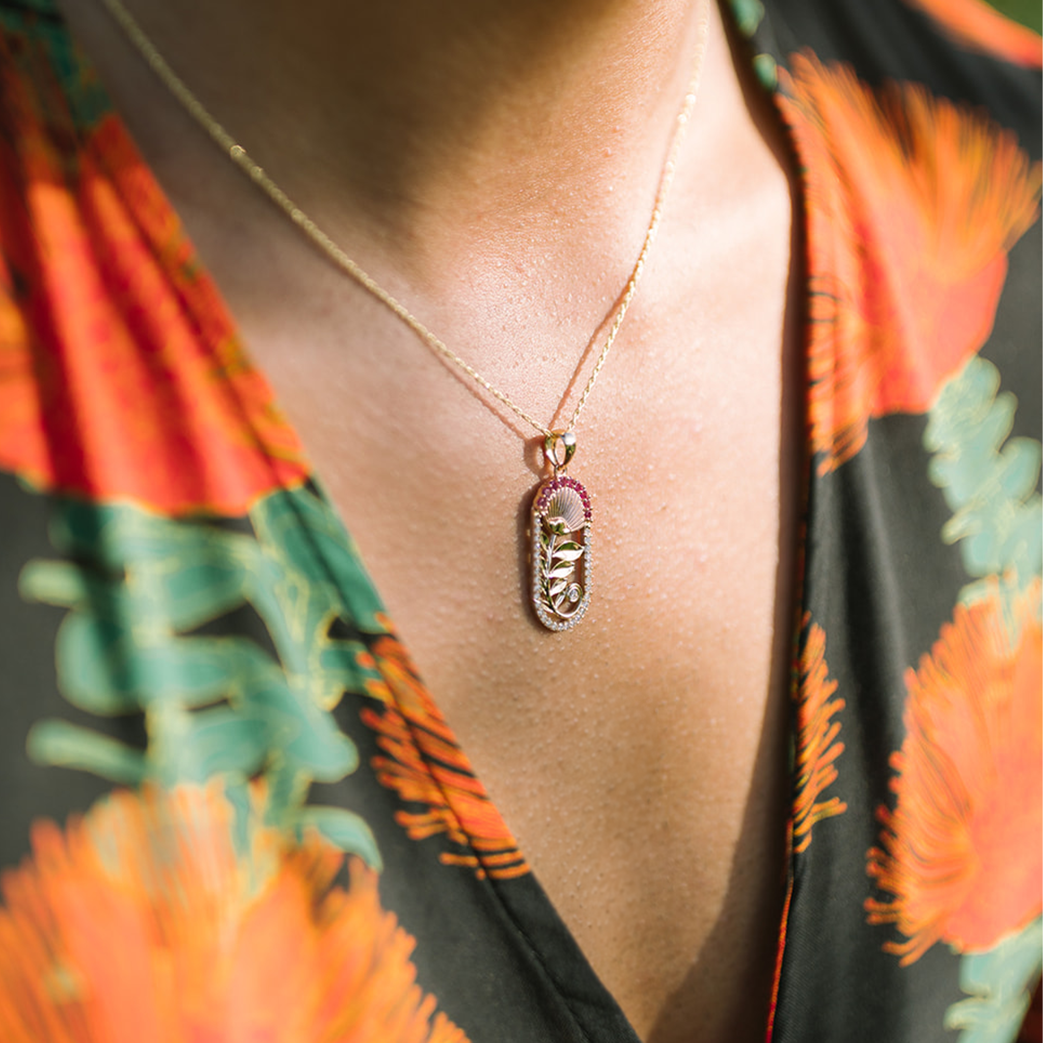 ʻŌhiʻa Lehua Ruby Pendant in Two Tone Gold with Diamonds - 27.5mm