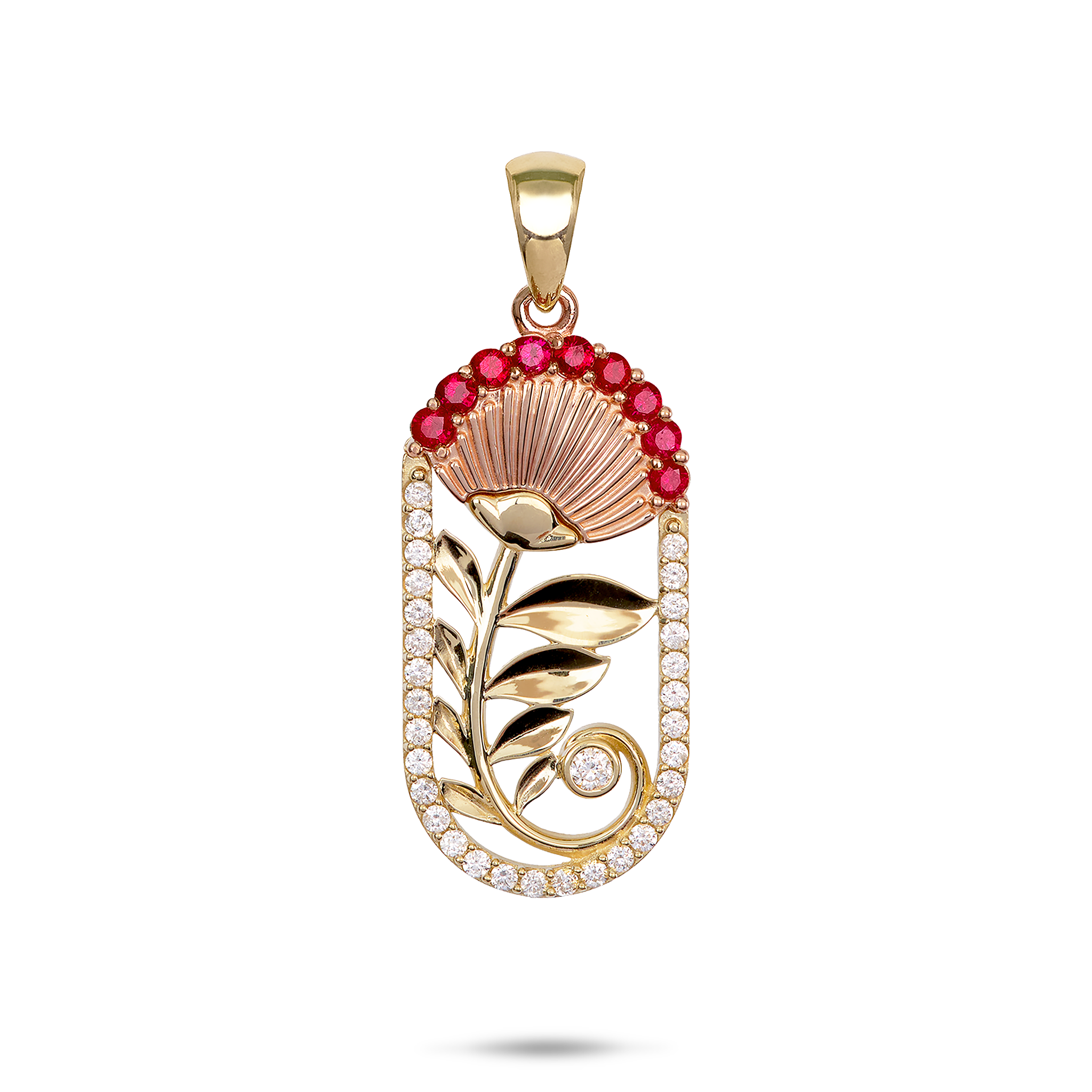 ʻŌhiʻa Lehua Ruby Pendant in Two Tone Gold with Diamonds - 27.5mm