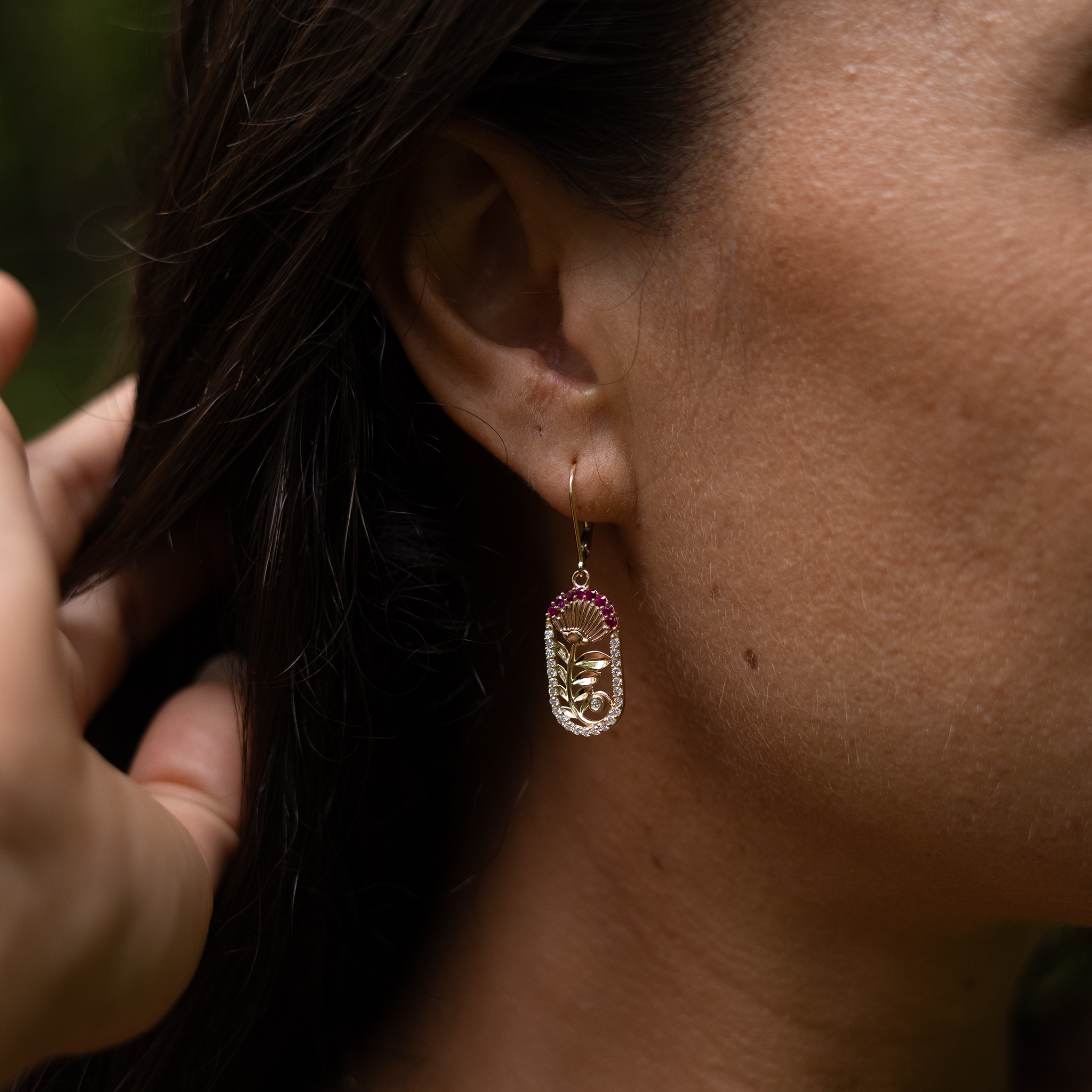 ʻŌhiʻa Lehua Ruby Earrings in Two Tone Gold with Diamonds - 24mm