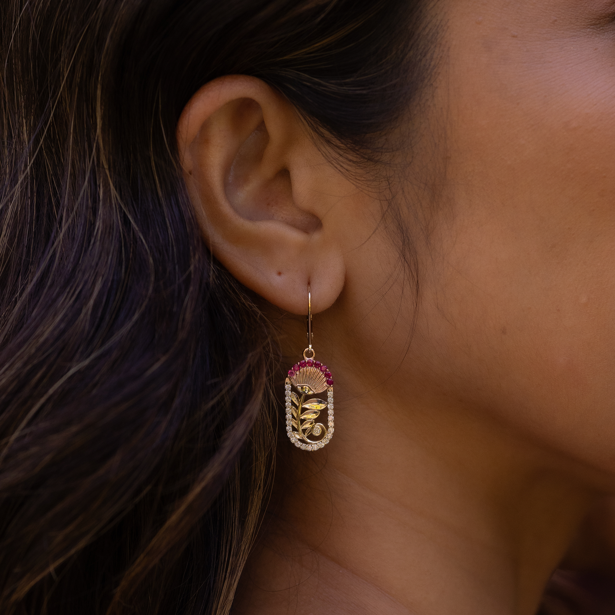 ʻŌhiʻa Lehua Ruby Earrings in Two Tone Gold with Diamonds - 24mm