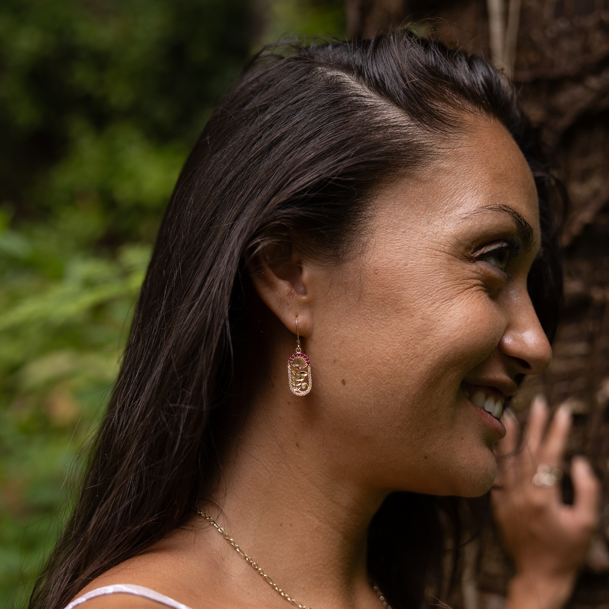 ʻŌhiʻa Lehua Ruby Earrings in Two Tone Gold with Diamonds - 24mm