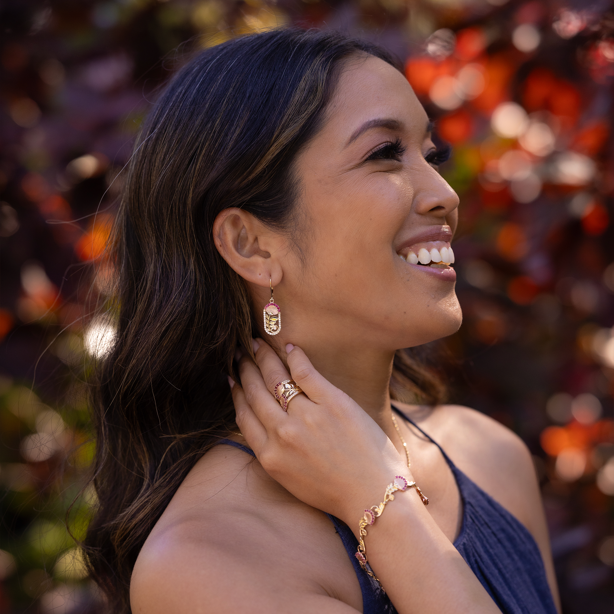 ʻŌhiʻa Lehua Ruby Earrings in Two Tone Gold with Diamonds - 24mm