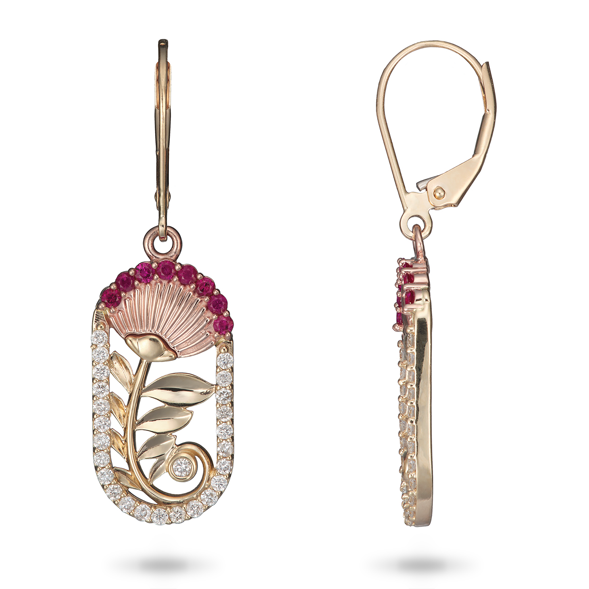 ʻŌhiʻa Lehua Ruby Earrings in Two Tone Gold with Diamonds - 24mm