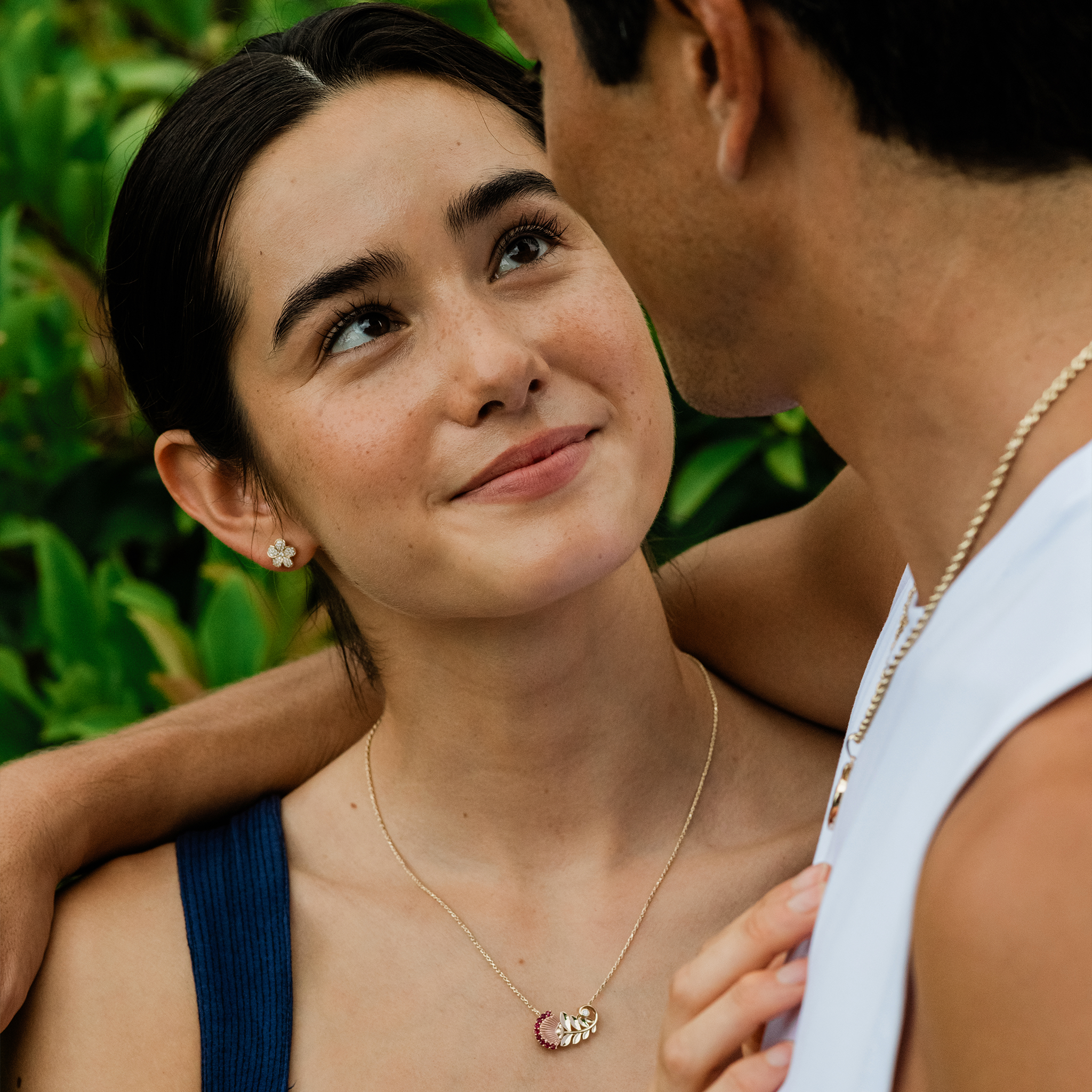 ʻŌhiʻa Lehua Ruby Pendant in Two Tone Gold with Diamonds - 24mm