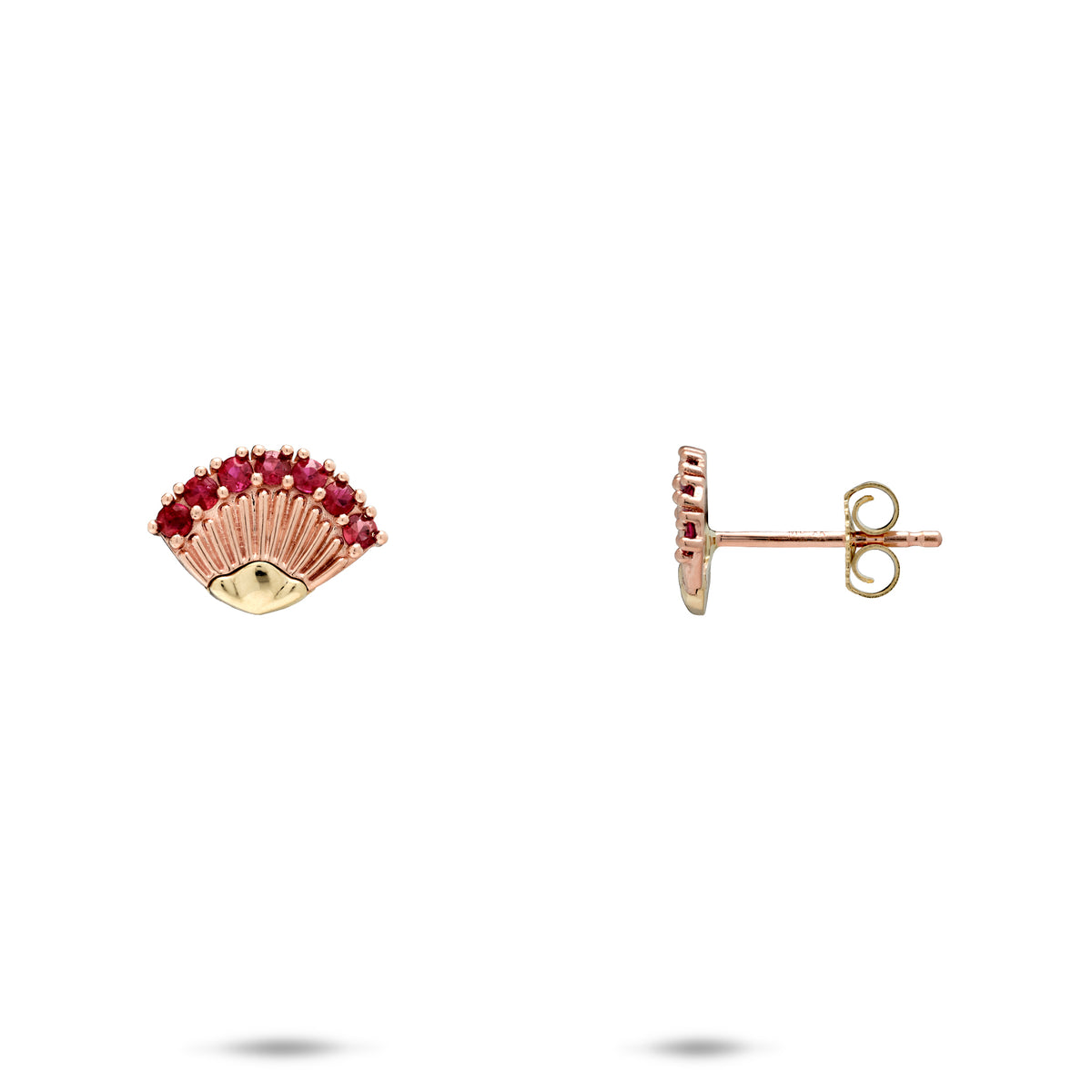 A pair of 11mm ʻŌhiʻa Lehua flower post earrings, 14k yellow gold base with rose gold stamens leading to a ruby detailed edge, against a white background