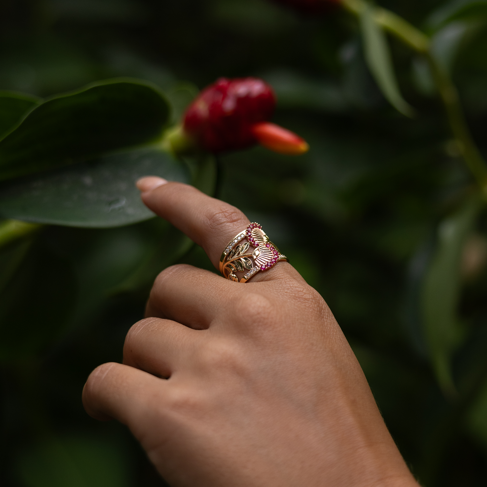 ʻŌhiʻa Lehua Ruby Ring in Two Tone Gold with Diamonds