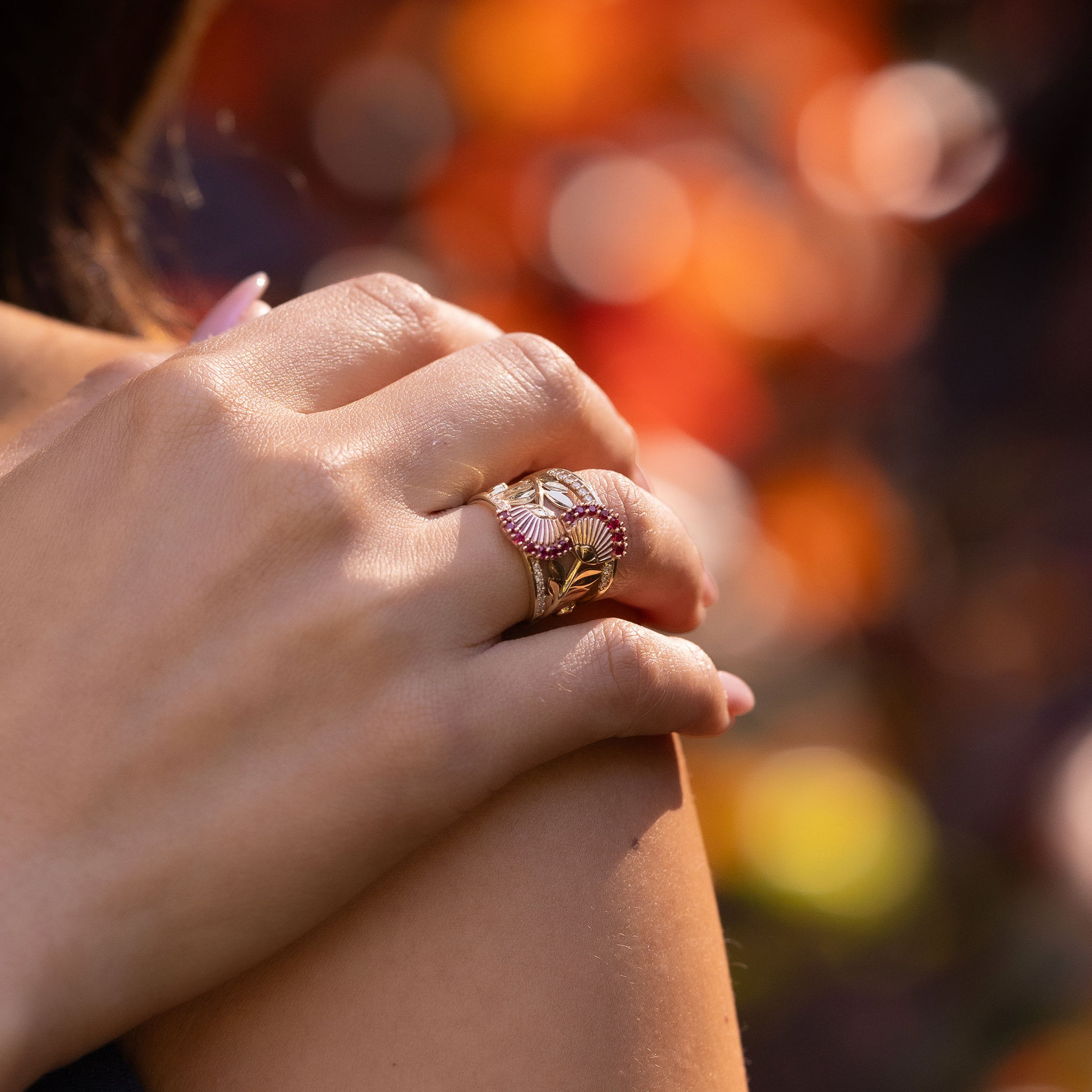 ʻŌhiʻa Lehua Ruby Ring in Two Tone Gold with Diamonds