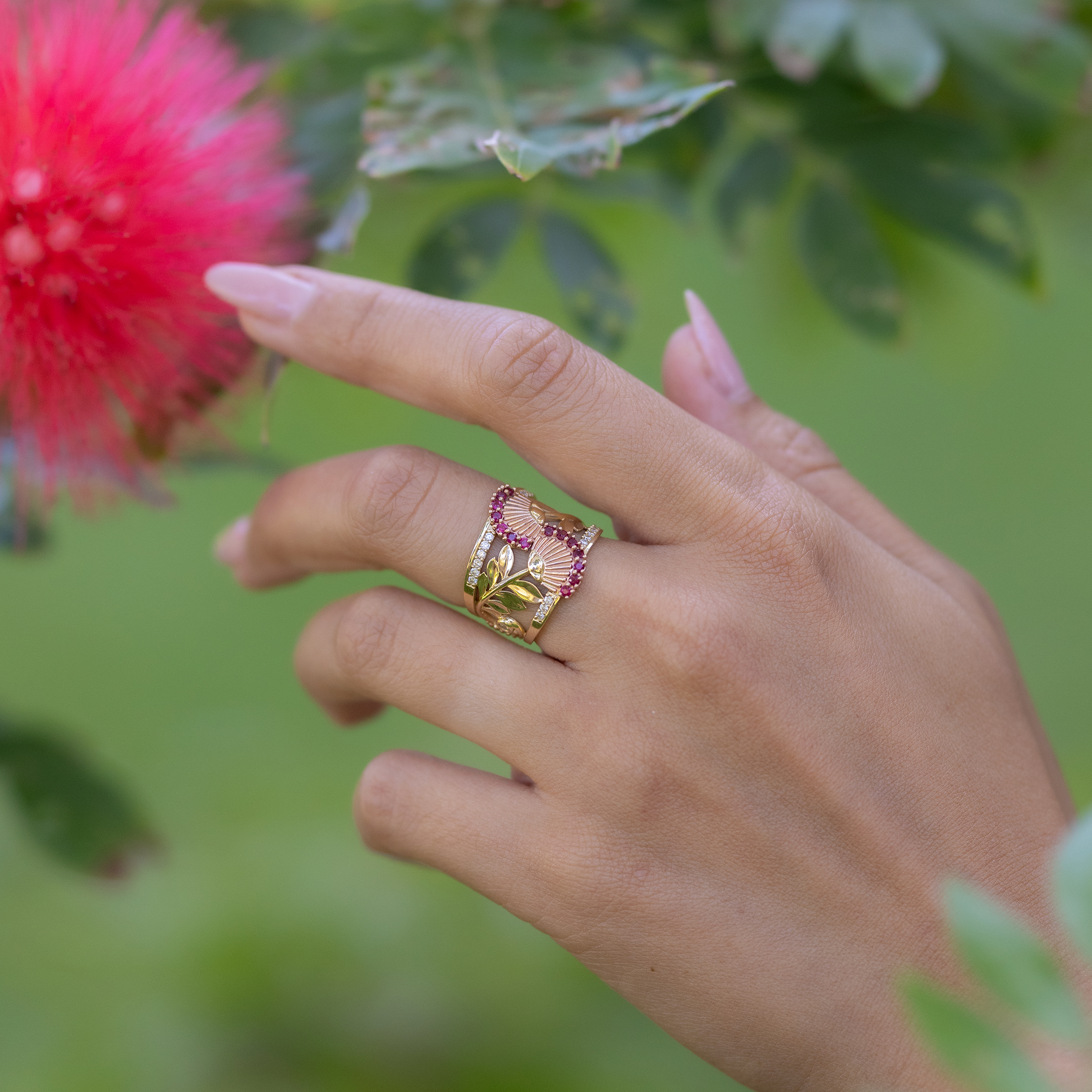 ʻŌhiʻa Lehua Ruby Ring in Two Tone Gold with Diamonds