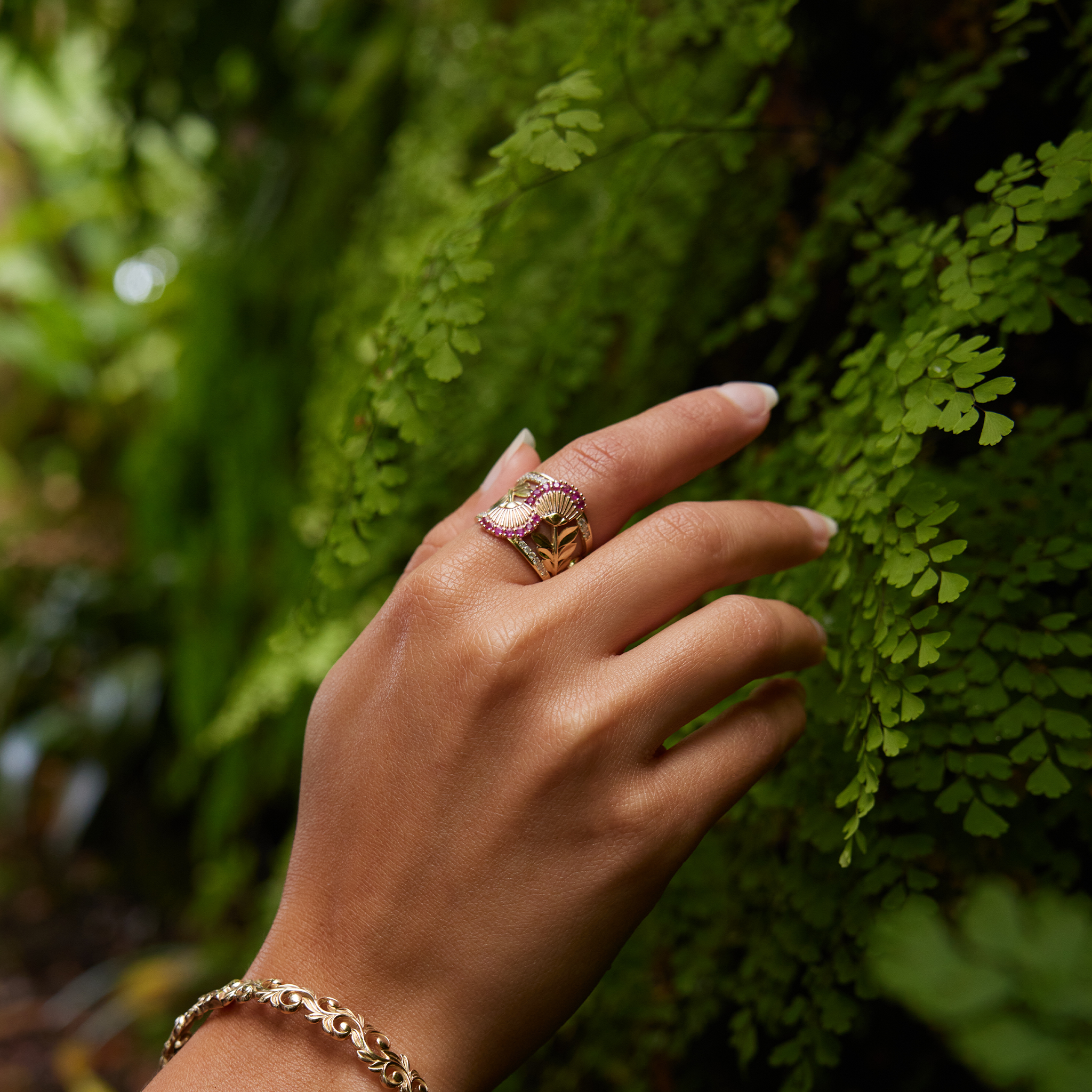 ʻŌhiʻa Lehua Ruby Ring in Two Tone Gold with Diamonds