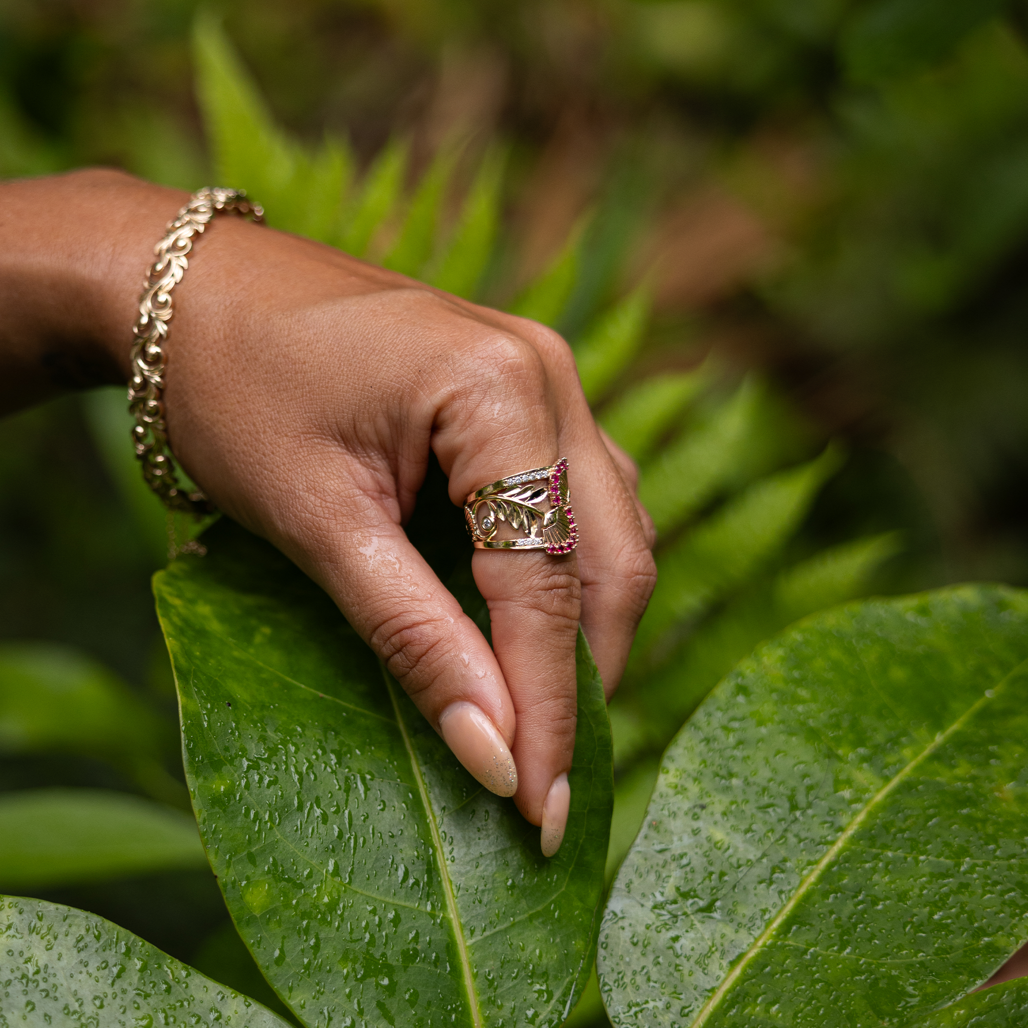 ʻŌhiʻa Lehua Ruby Ring in Two Tone Gold with Diamonds