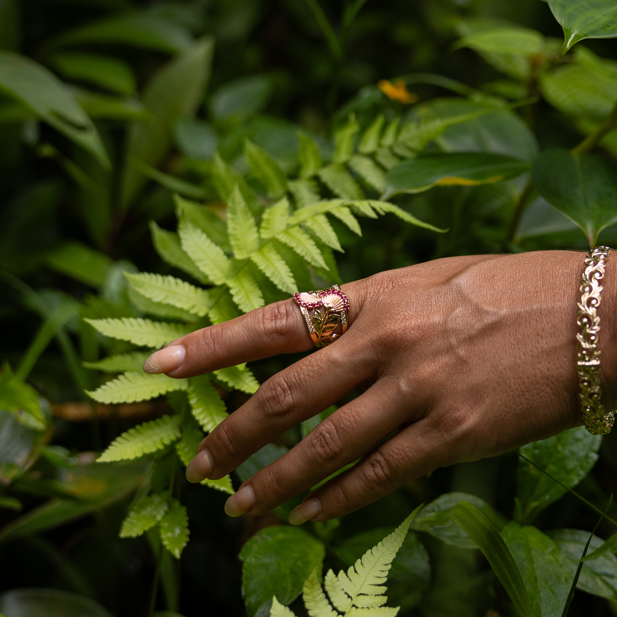 ʻŌhiʻa Lehua Ruby Ring in Two Tone Gold with Diamonds