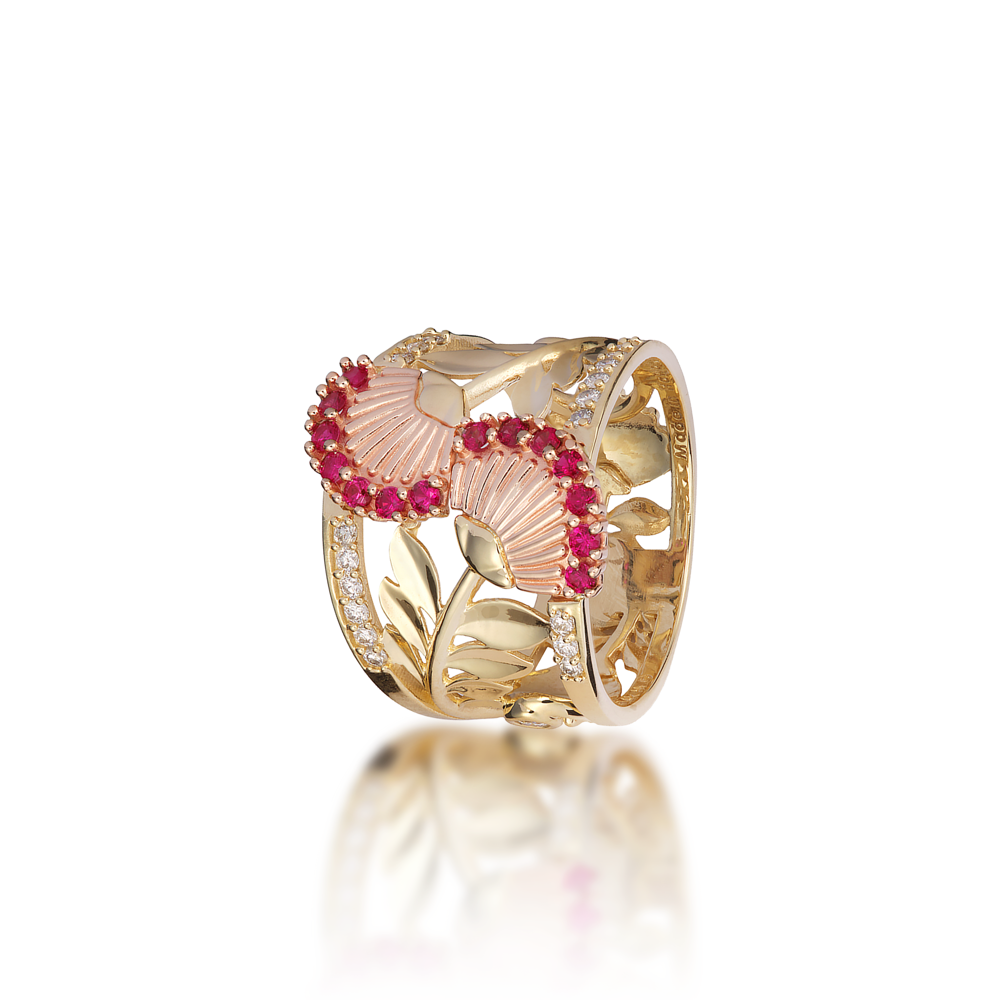 ʻŌhiʻa Lehua Ruby Ring in Two Tone Gold with Diamonds