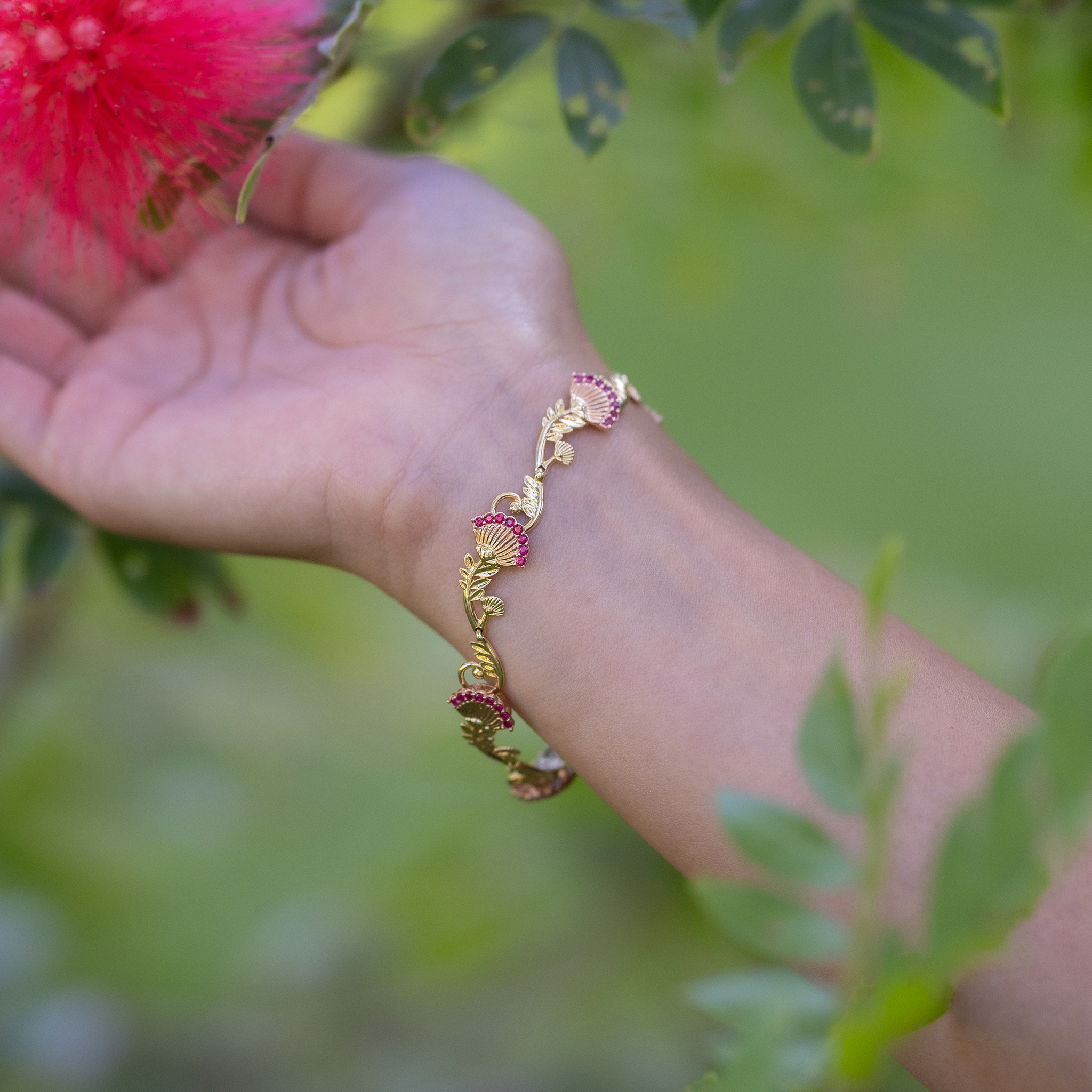 ʻŌhiʻa Lehua Ruby Bracelet in Two Tone Gold