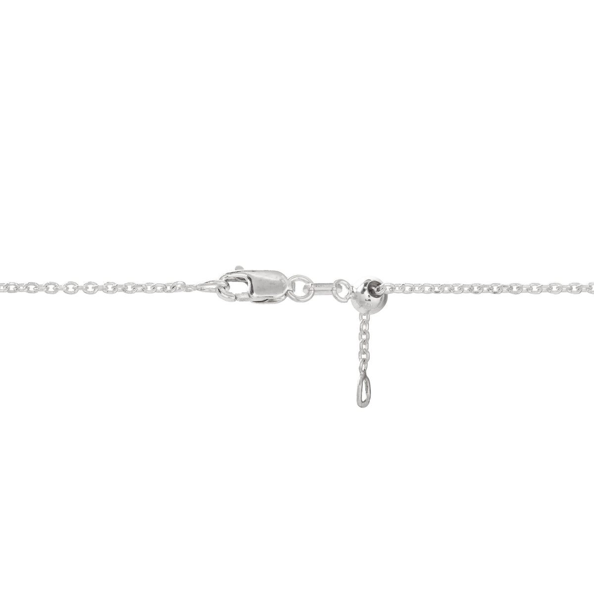 Detail shot of a sterling silver cable chain with a lobster claw clasp and adjustable ball pull, shown on a white background