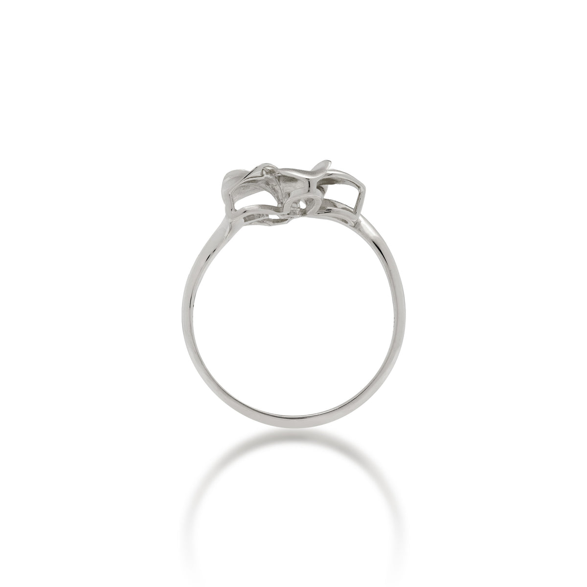 A profile view of a 14k white gold 13mm plumeria flower ring with a diamond accent in the center and satin finished petals with high-polish edges, shown on a white background