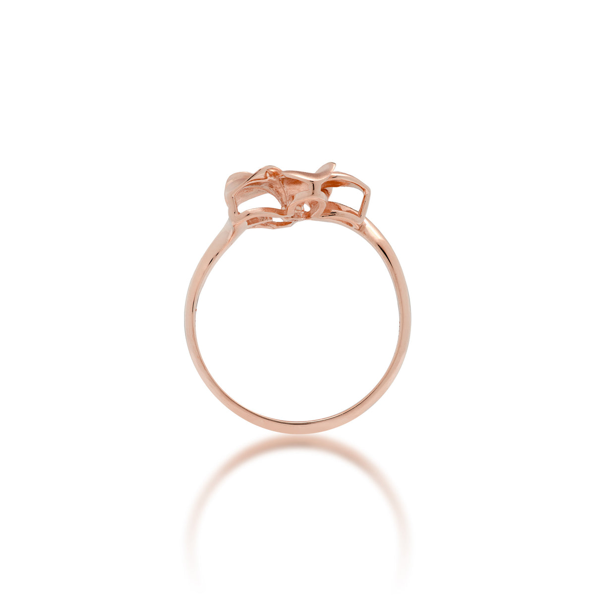 A profile view of a 14k rose gold 13mm plumeria flower ring with a diamond accent in the center and satin finished petals with high-polish edges, shown on a white background