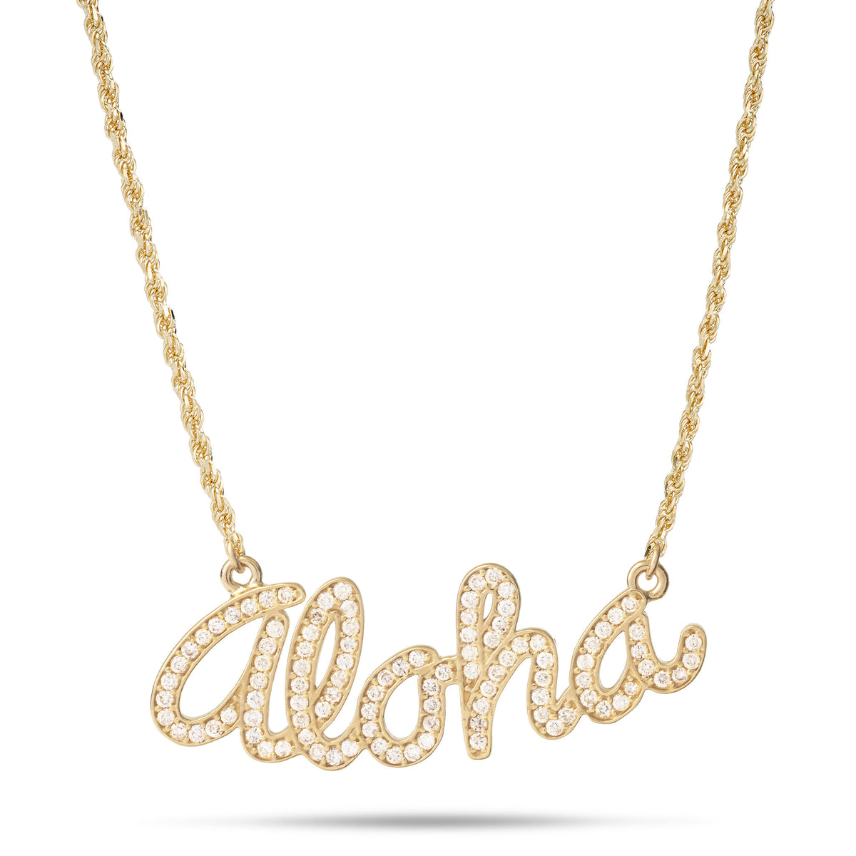 A 14k yellow gold script nameplate necklace spelling 'Aloha'out of diamonds, hanging from a gold flex rope chain on a white background.