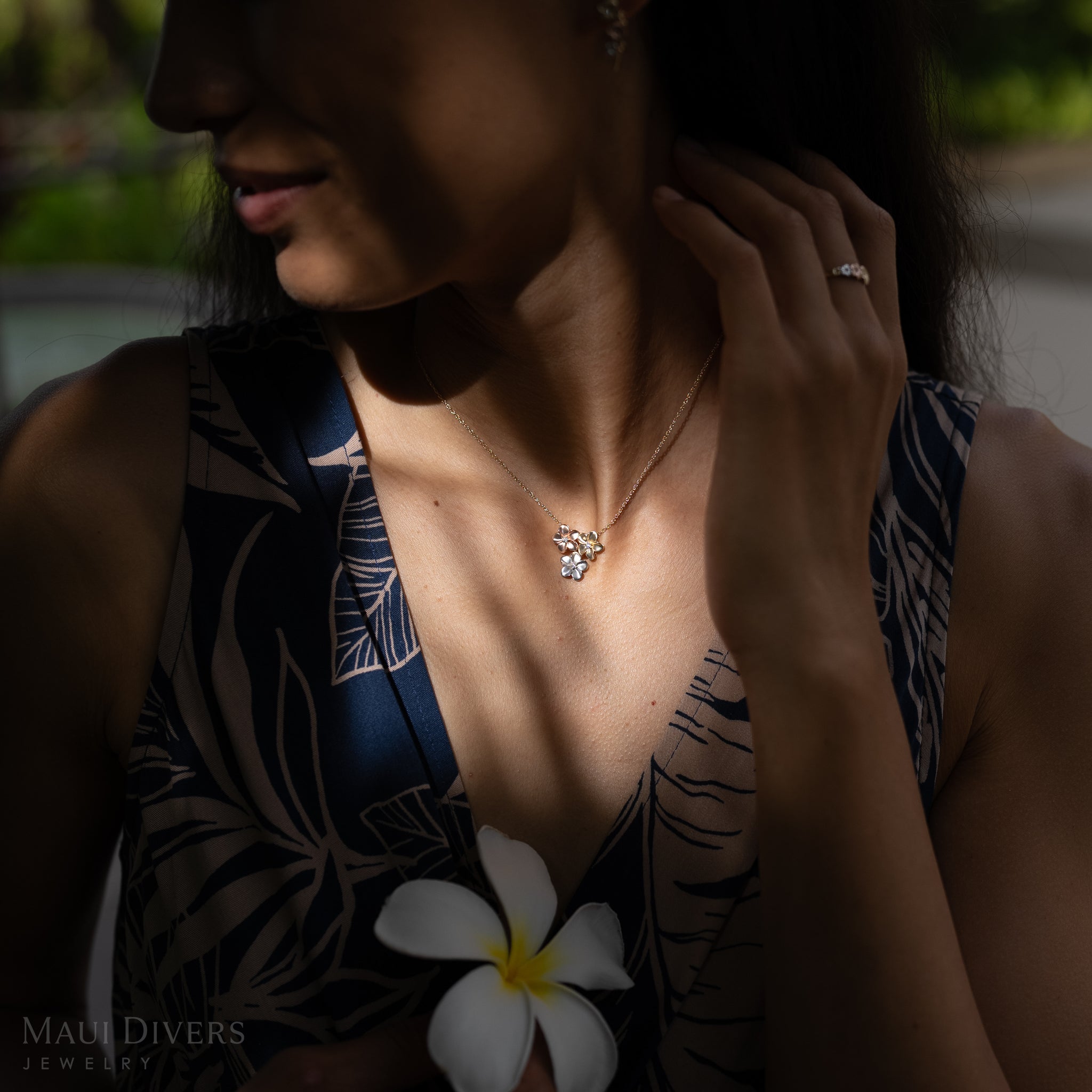 16" Plumeria Necklace in Tri Color Gold with Diamonds - 11mm