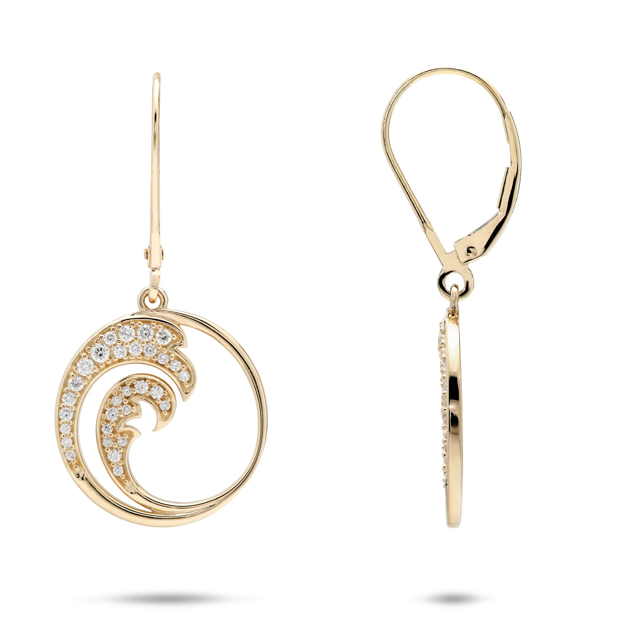 18mm Nalu Leverback Earrings in 14k Yellow Gold with Diamonds on a white background