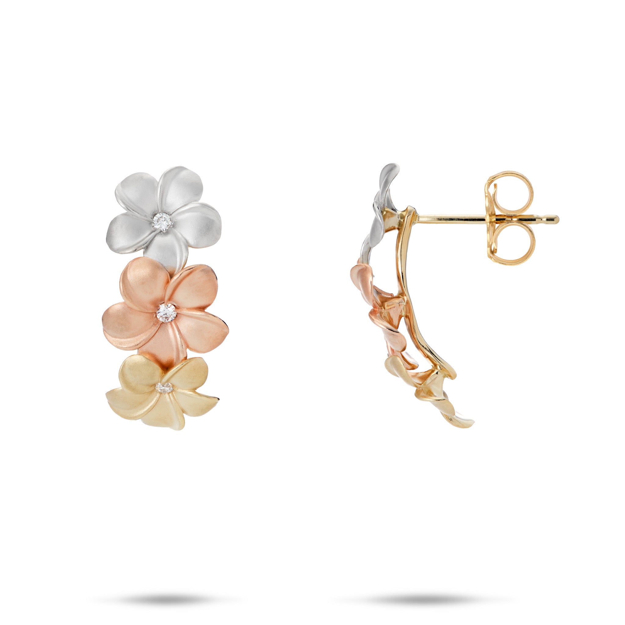 Plumeria Earrings in Tri Color Gold with Diamonds