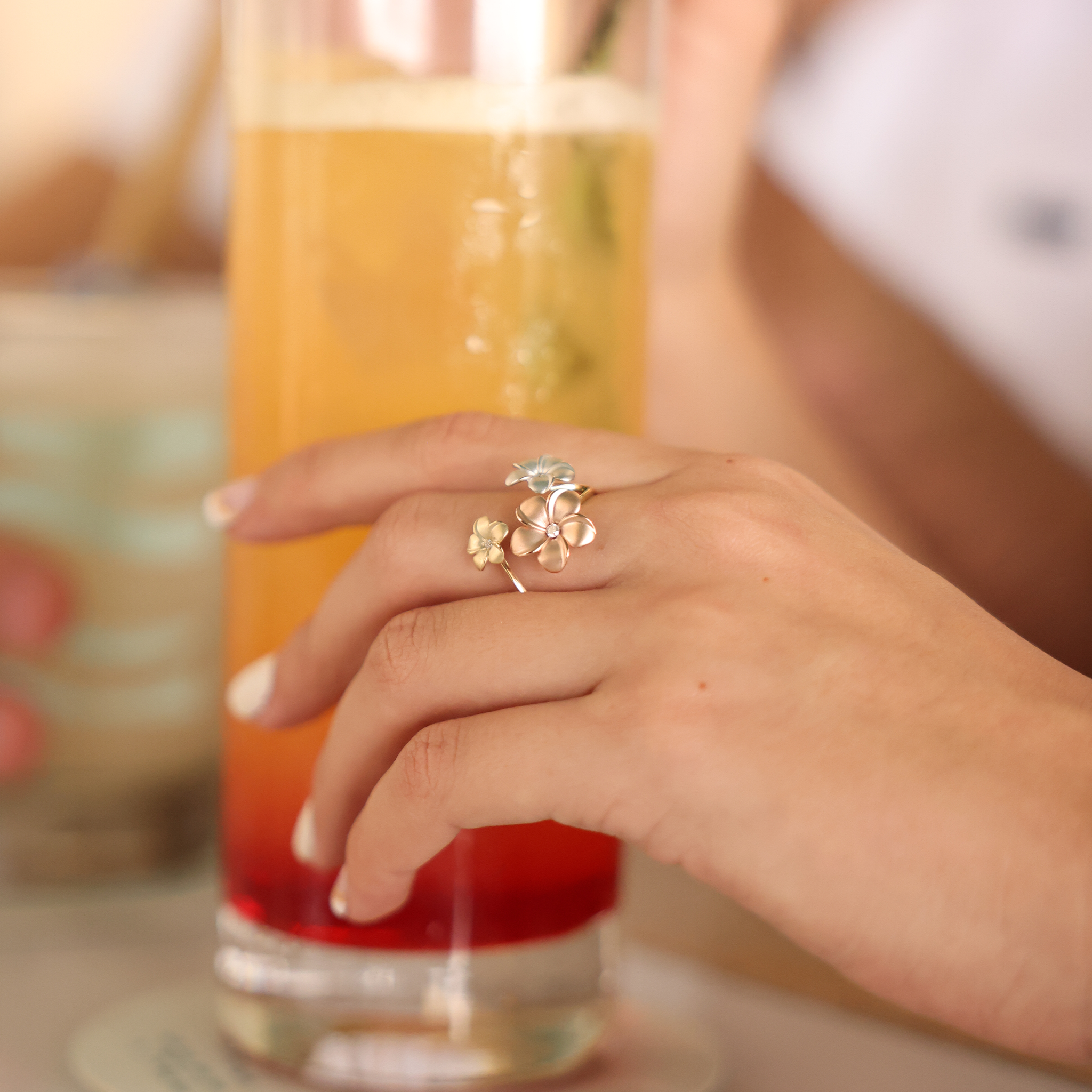 Plumeria Ring in Tri Color Gold with Diamonds - 12mm