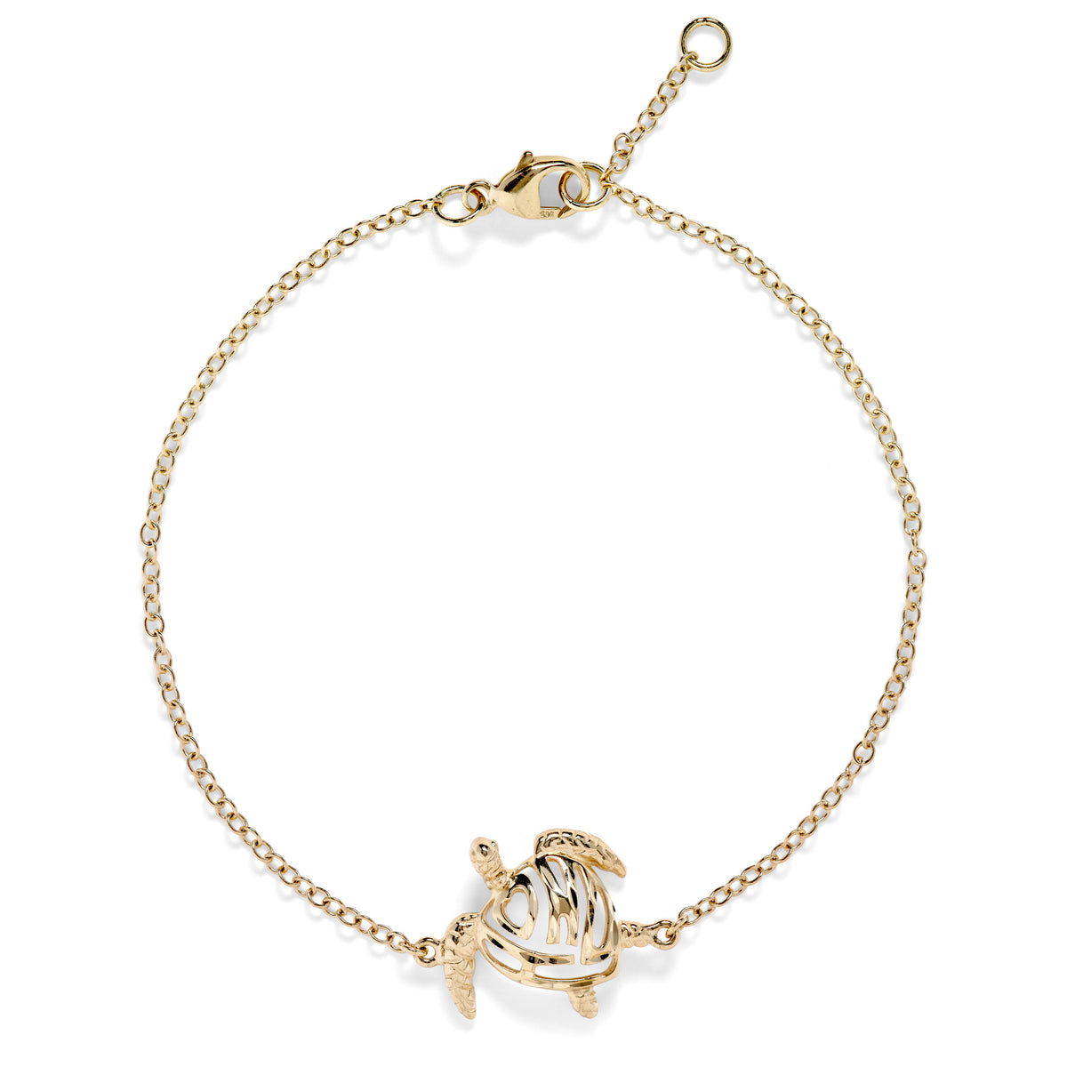 Overhead view of a 14k yellow gold link bracelet featuring a Hawaiian green sea turtle with a diamond-cut word "HONU" along its back and an adjustable link with a lobster claw clasp, shown on a white background