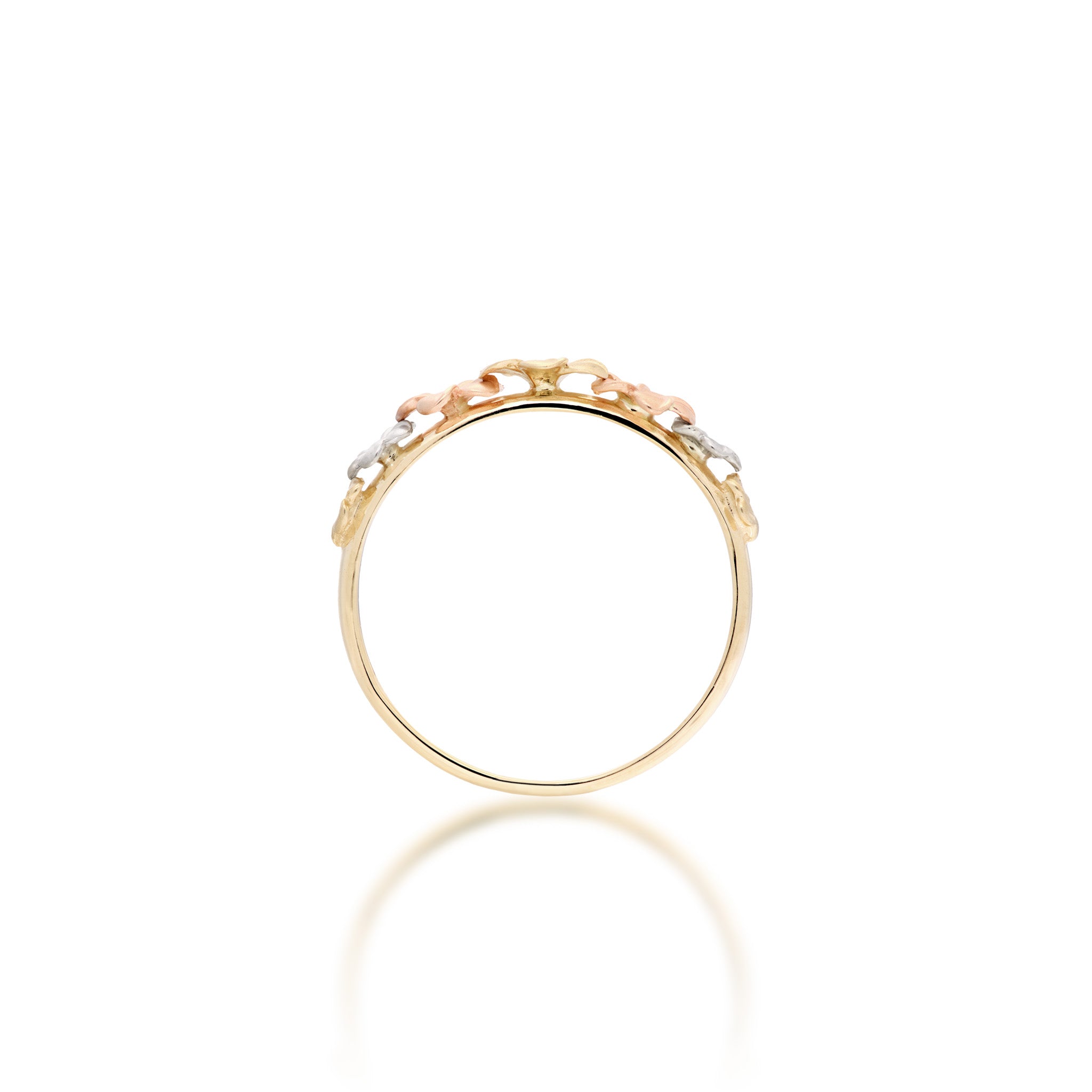 Side view of a Diamond Plumeria Ring in 14k Yellow, Rose, and White Gold on a white background