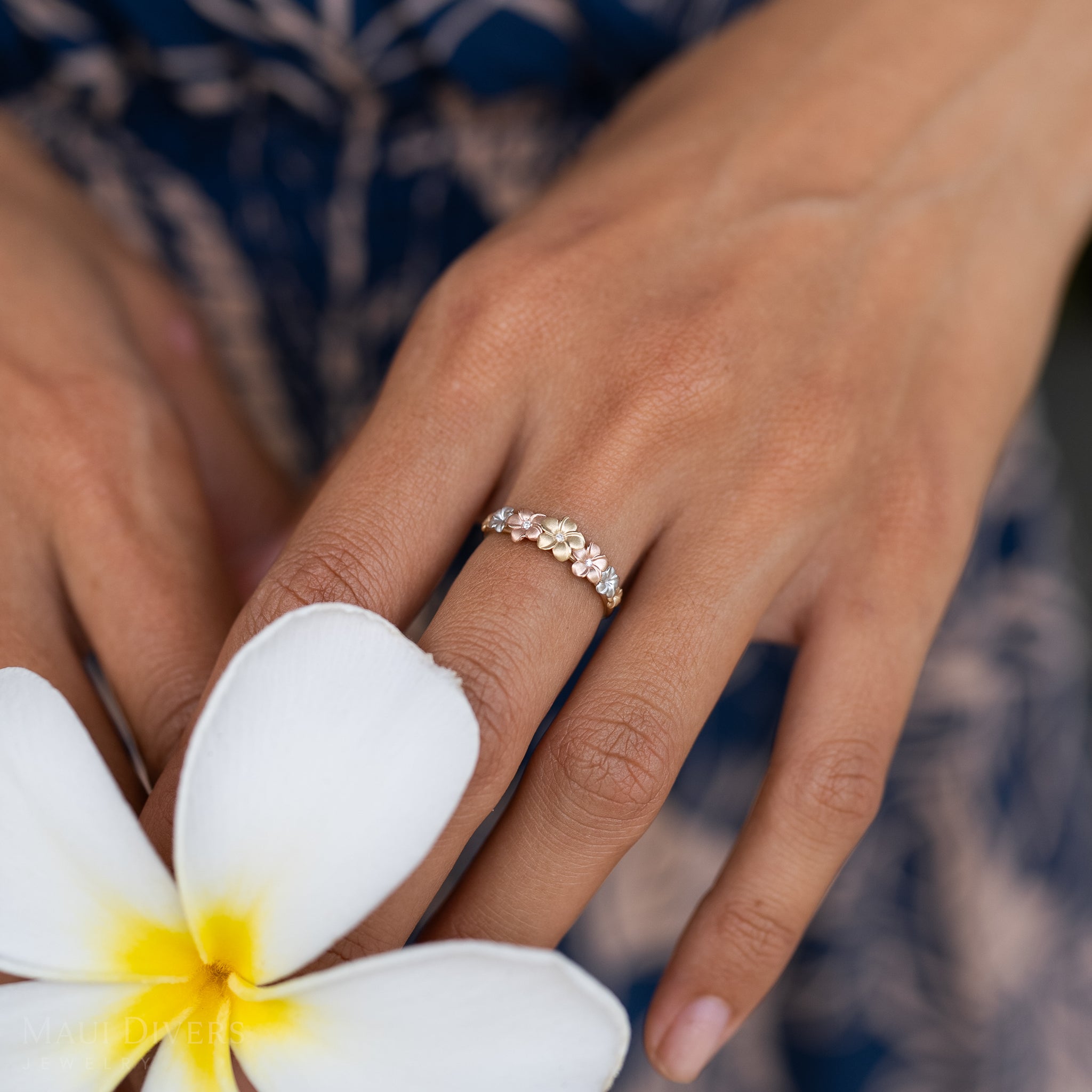 Plumeria Ring in Tri Color Gold with Diamonds - 6mm