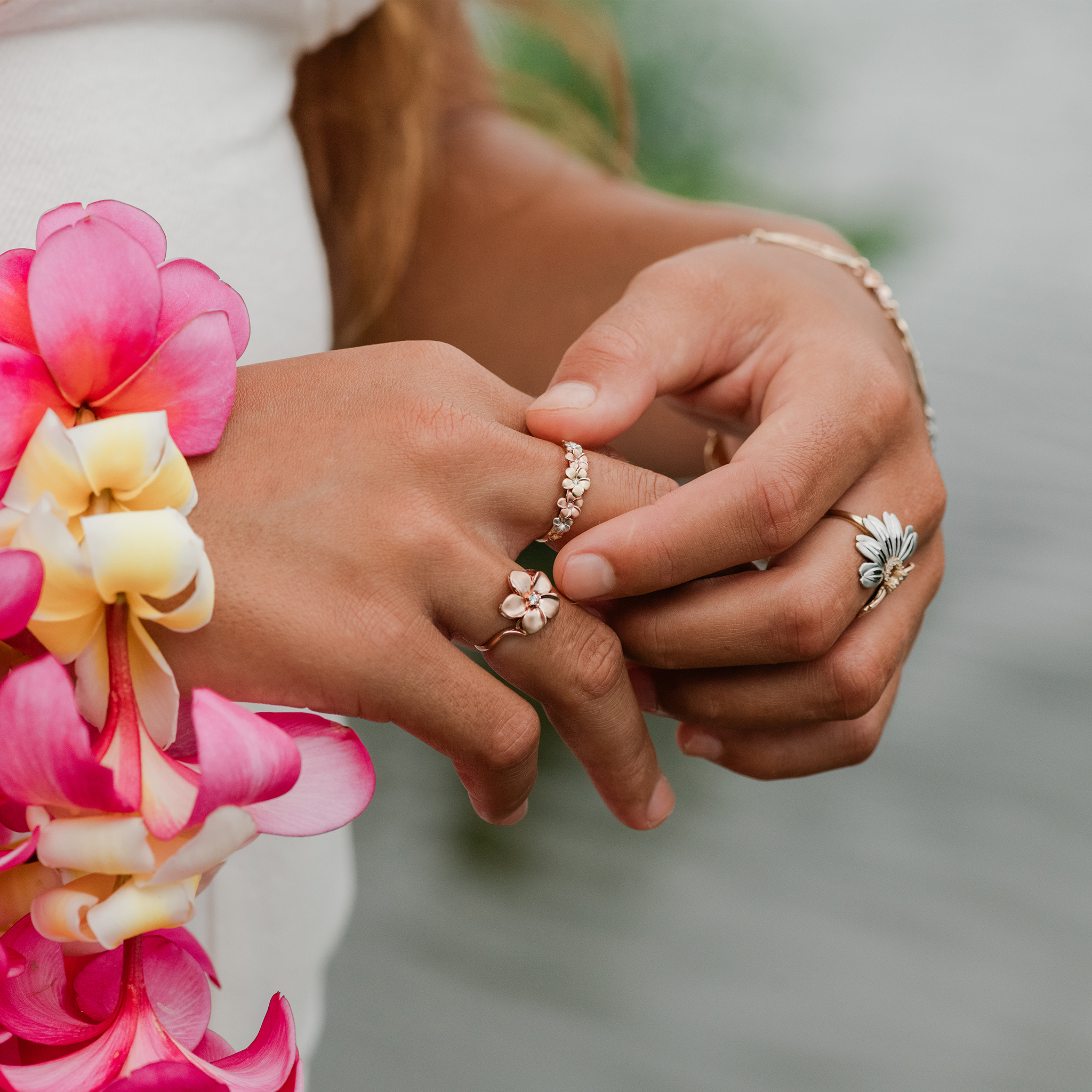 Plumeria Ring in Tri Color Gold with Diamonds - 6mm